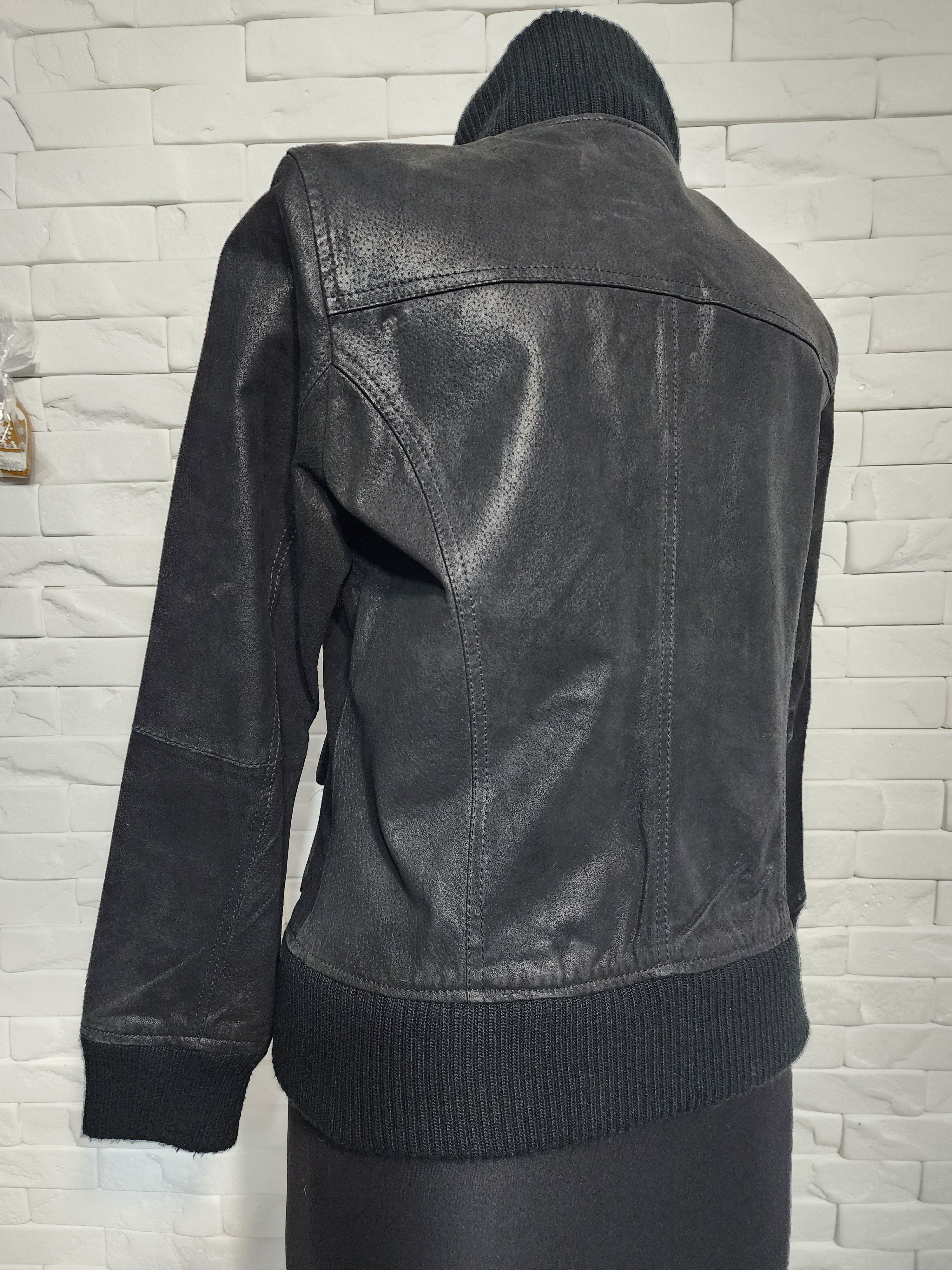 Other Black Leather Zip-Up Jacket: Women's Knitted Trim Sportswear Size L / US 10 / IT 46 - 6 Thumbnail