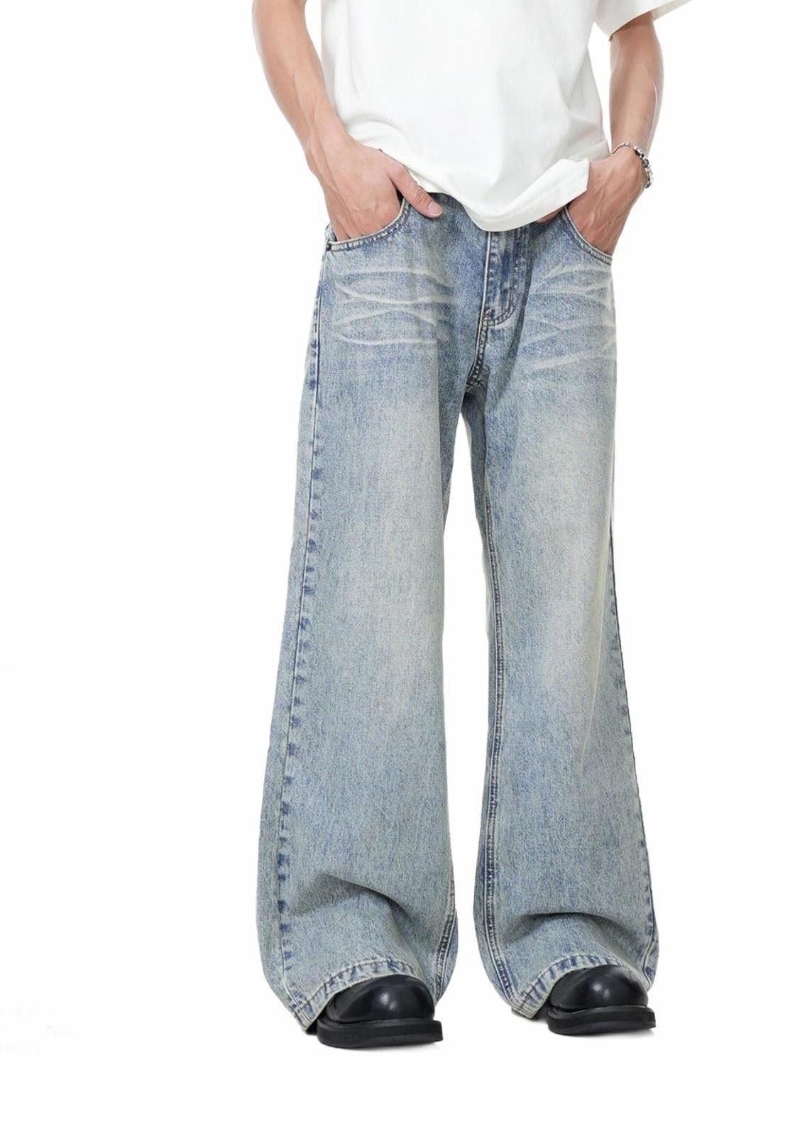 Vintage Whiskered Light Blue Wide Leg Denim Jeans, Flared Jeans Size US 30 / EU 46 - 1 Thumbnail