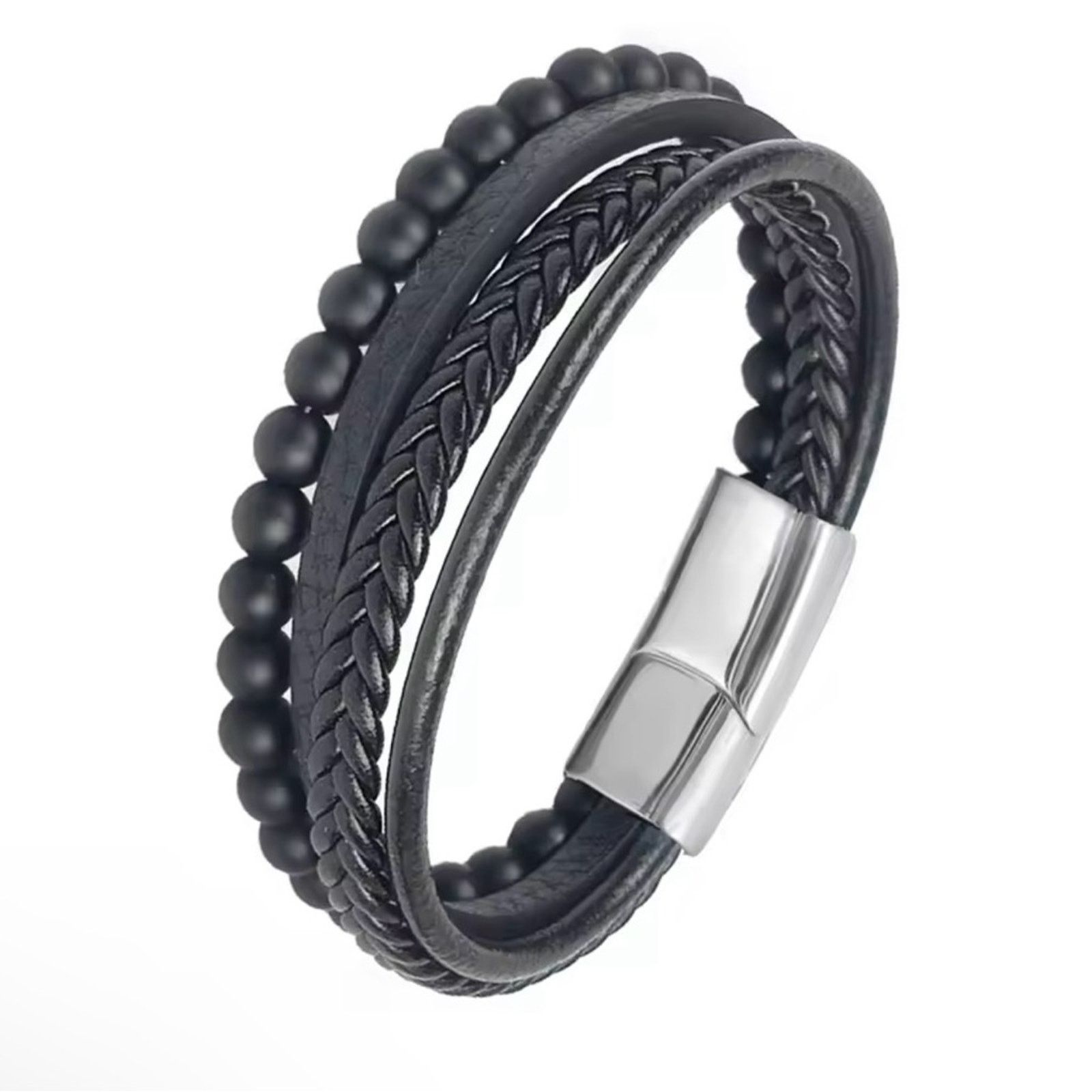 Other Men’s Multi layer Leather Stainless Steel Bracelet 9” Size ONE SIZE - 5 Thumbnail
