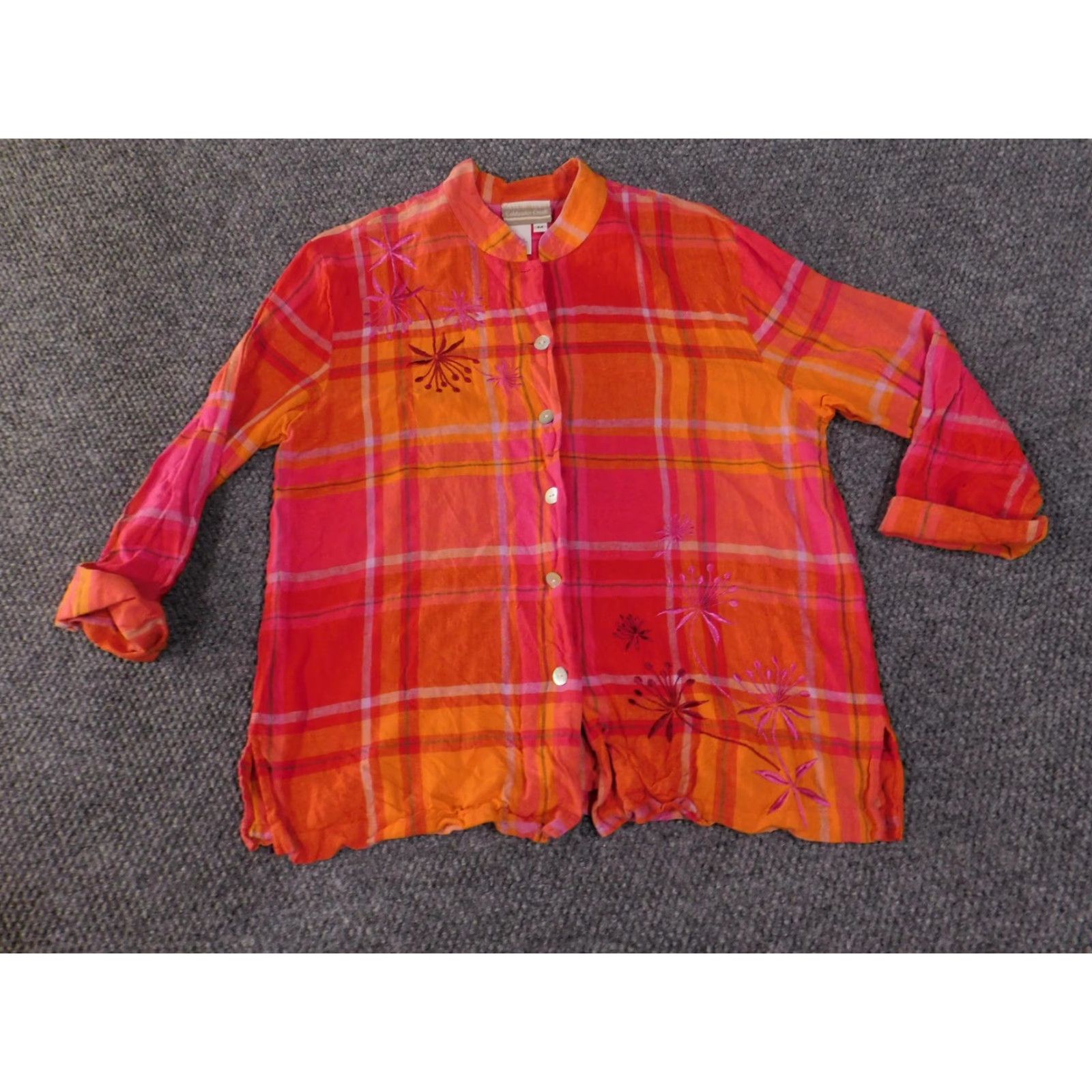 Coldwater Creek VINTAGE Coldwater Creek Shirt Womens Medium Orange Plaid Linen Rayon Embroidered Floral Size M / US 6-8 / IT 42-44 - 2 Thumbnail