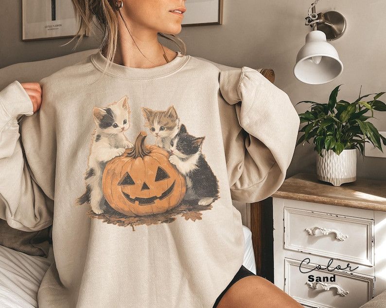 Designer Vintage 90s Cat Halloween Sweatshirt Size M / US 6-8 / IT 42-44 - 1 Thumbnail