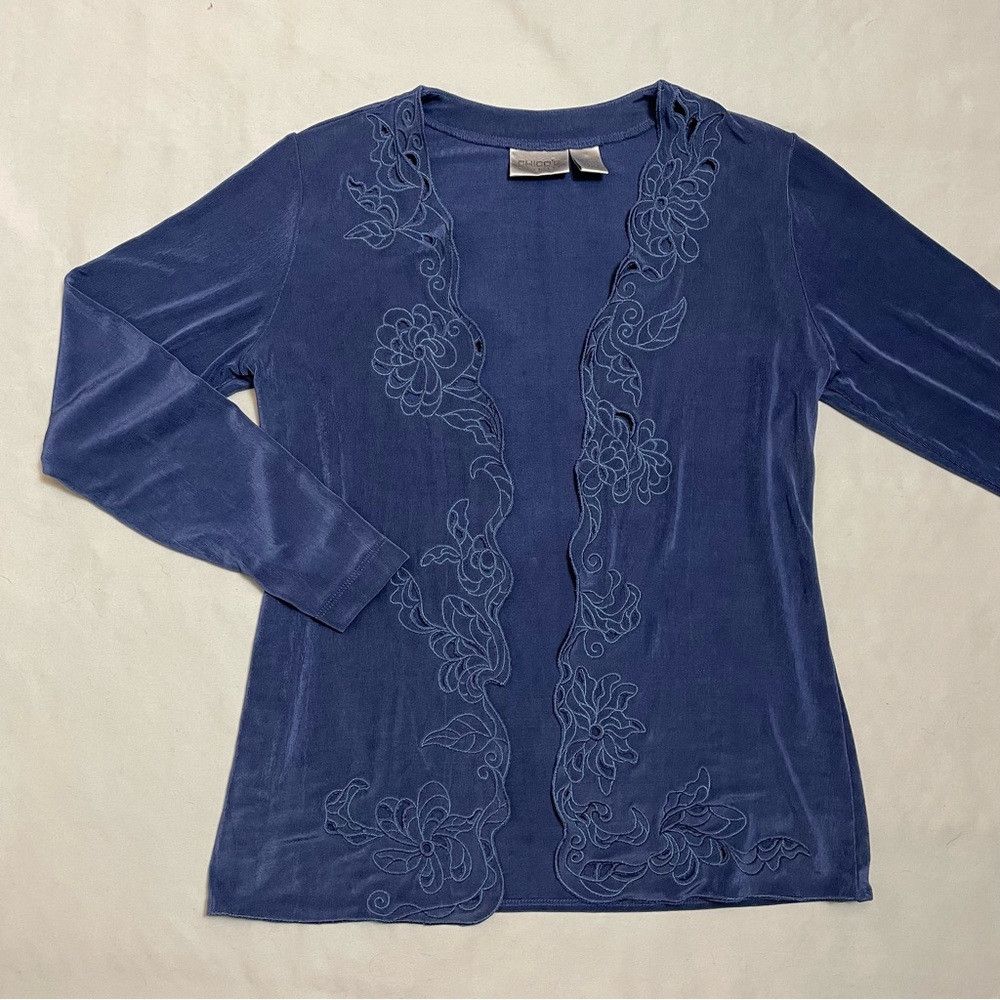 Chicos Chico's Travelers Blue Liquid Knit Embroidered Open Front C Size S / US 4 / IT 40 - 8 Thumbnail