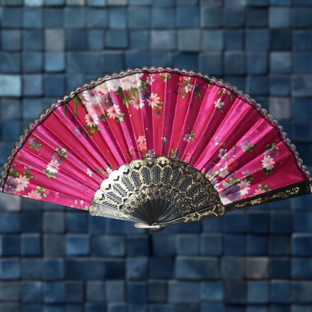 Vintage Vintage Hand Fan Small Dark Pink Flowers 16 Inch Decorative Window Fan Size ONE SIZE - 1 Thumbnail