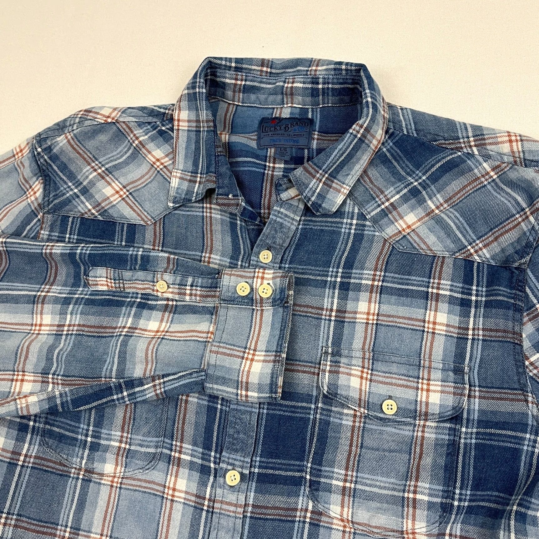 Lucky Brand Lucky Brand Flannel Shirt Mens L True Indigo Blue Workwear Button Up Twin Pocket Shirt Mens L Blue Plaid Casual Workwear Vintage No Size US L / EU 52-54 / 3 - 2 Thumbnail