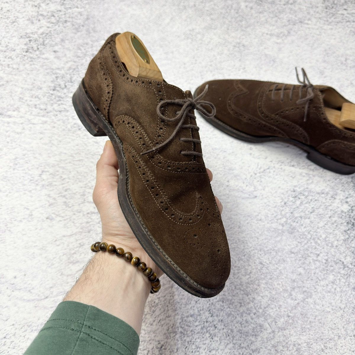 Designer × Handmade × Loake Loake Mens Brown Suede Oxfords Brogues US8 UK7 EU41 26cm Size US 8 / EU 41 - 6 Thumbnail