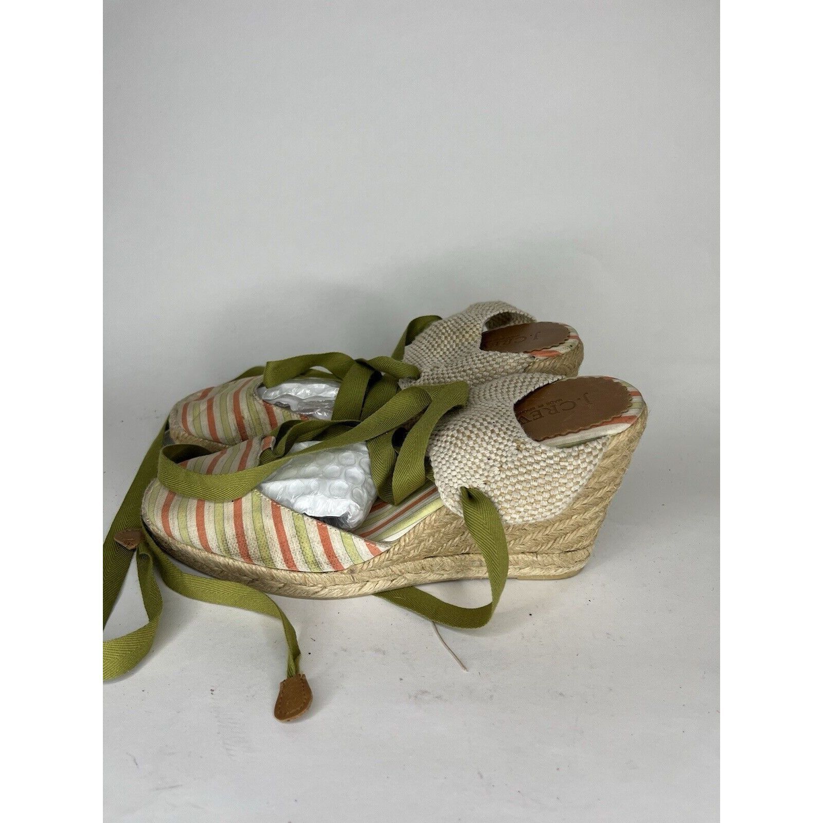 Other J. Crew Beige Fabric Striped Green Lace Espadrilles Wedges W Size US 8 / IT 38 - 10 Thumbnail