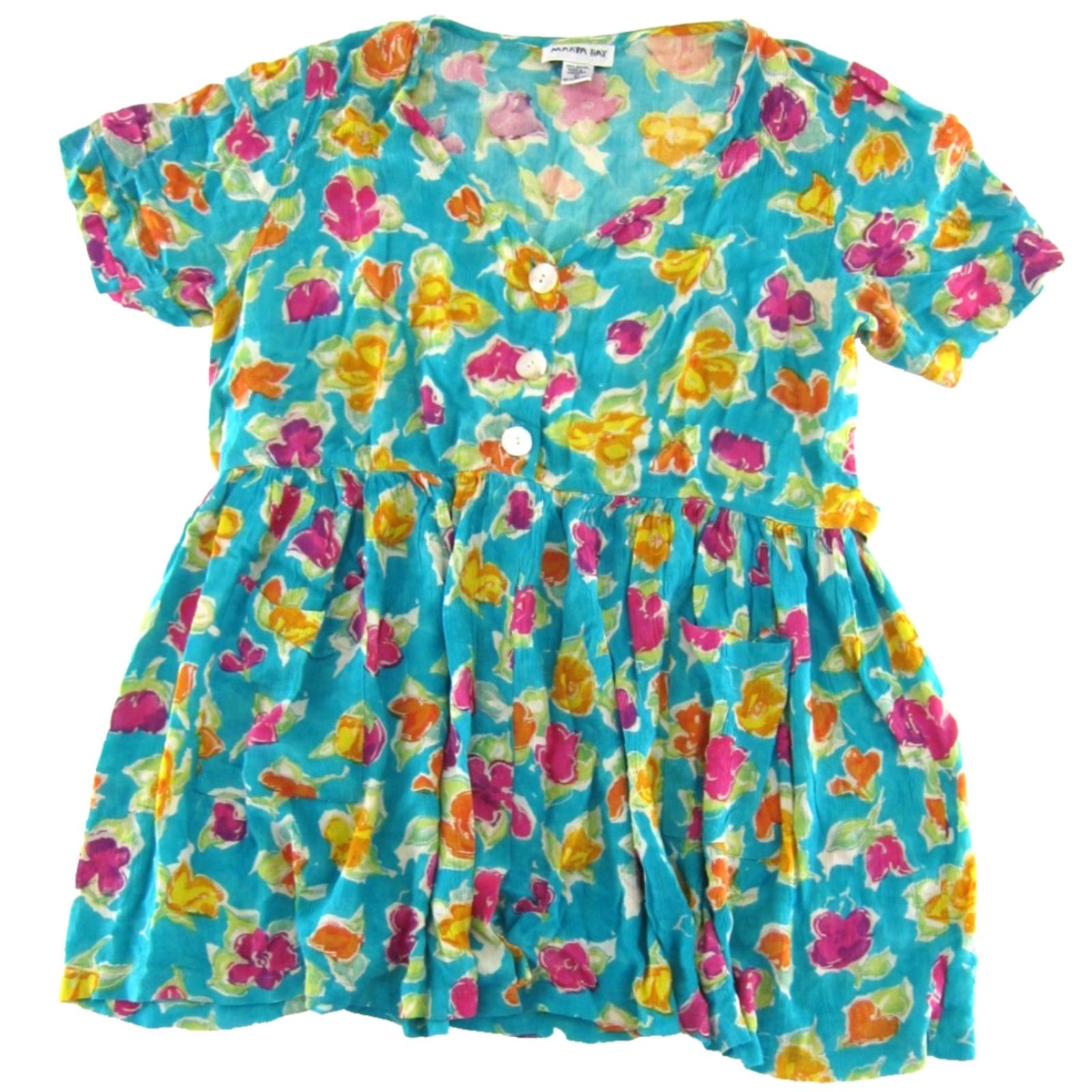 Vintage VINTAGE Marta Bay Dress L Blue Pink Yellow Green Floral Pocket Smock Size L / US 10 / IT 46 - 2 Thumbnail