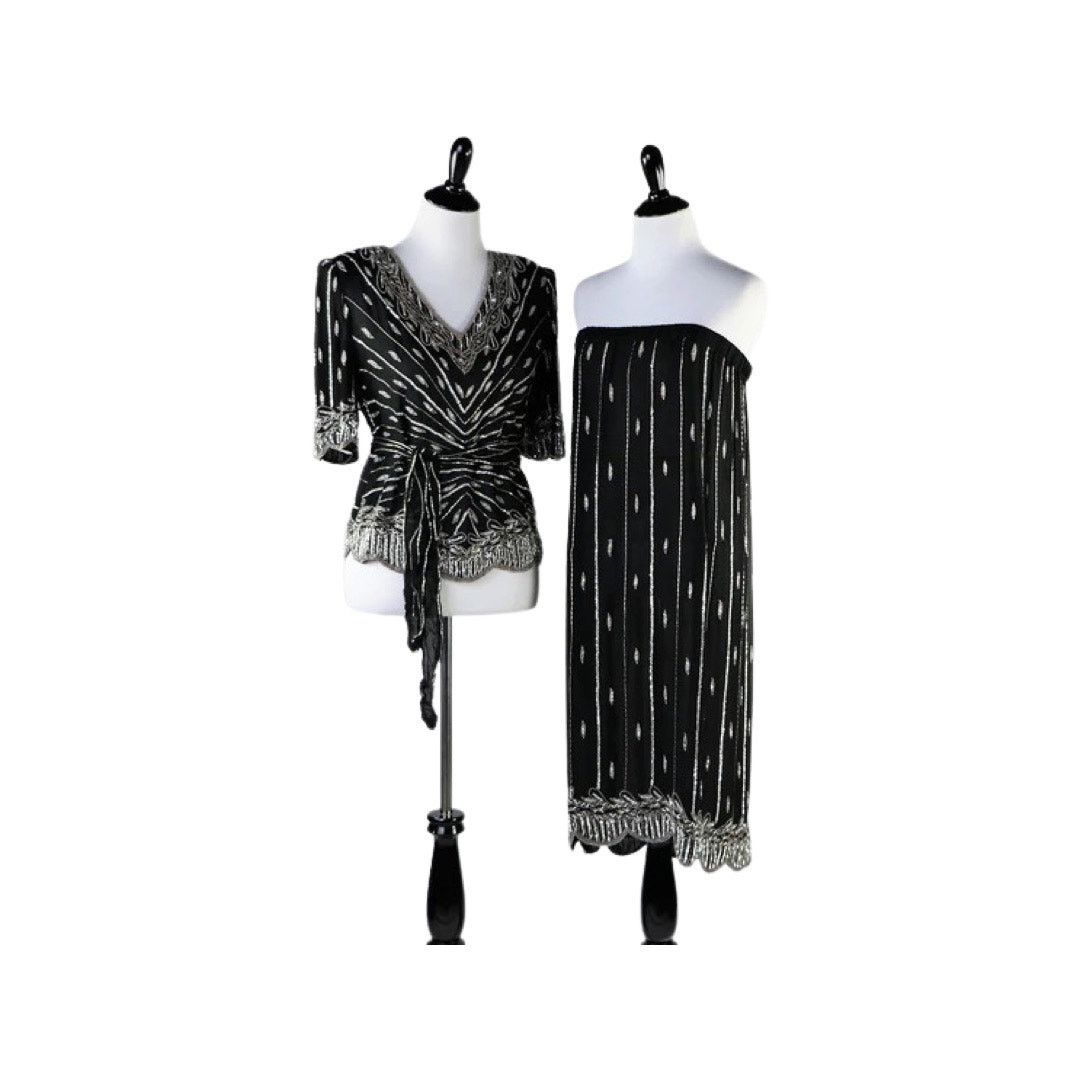 Vintage Vintage 1980s Black Silver Sequin Beaded Top Skirt Medium Size M / US 6-8 / IT 42-44 - 4 Thumbnail