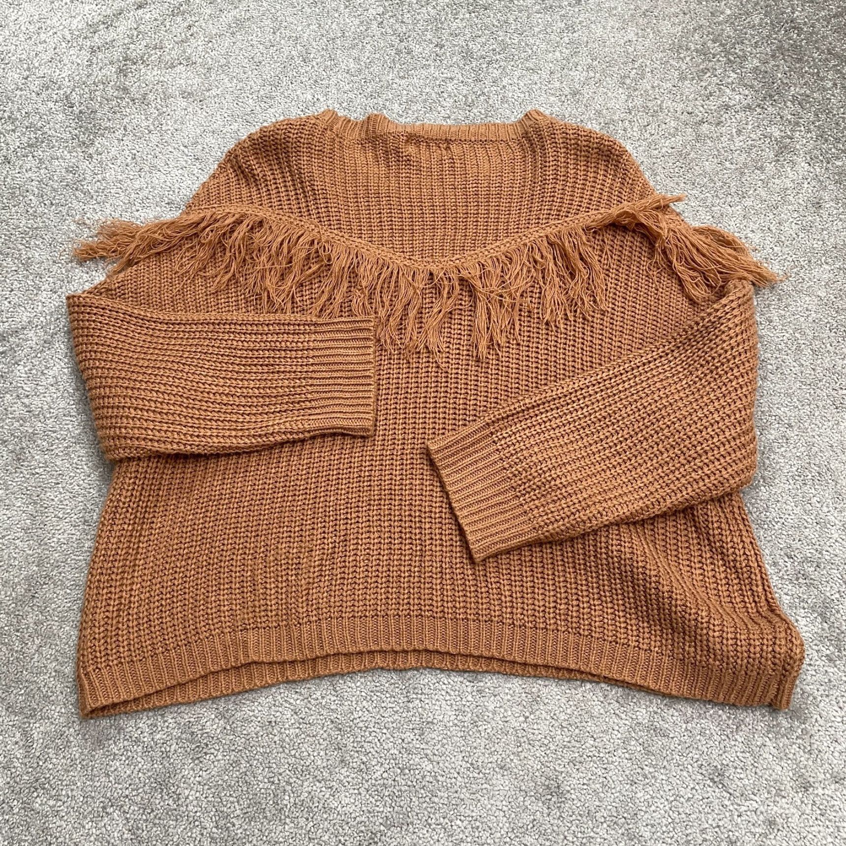 Vintage Pink Lily Women's Fringe Sweater Acrylic Crew Neck Pullover Bohemian Casual Knit Fall Winter Small Brown Size S / US 4 / IT 40 - 2 Thumbnail