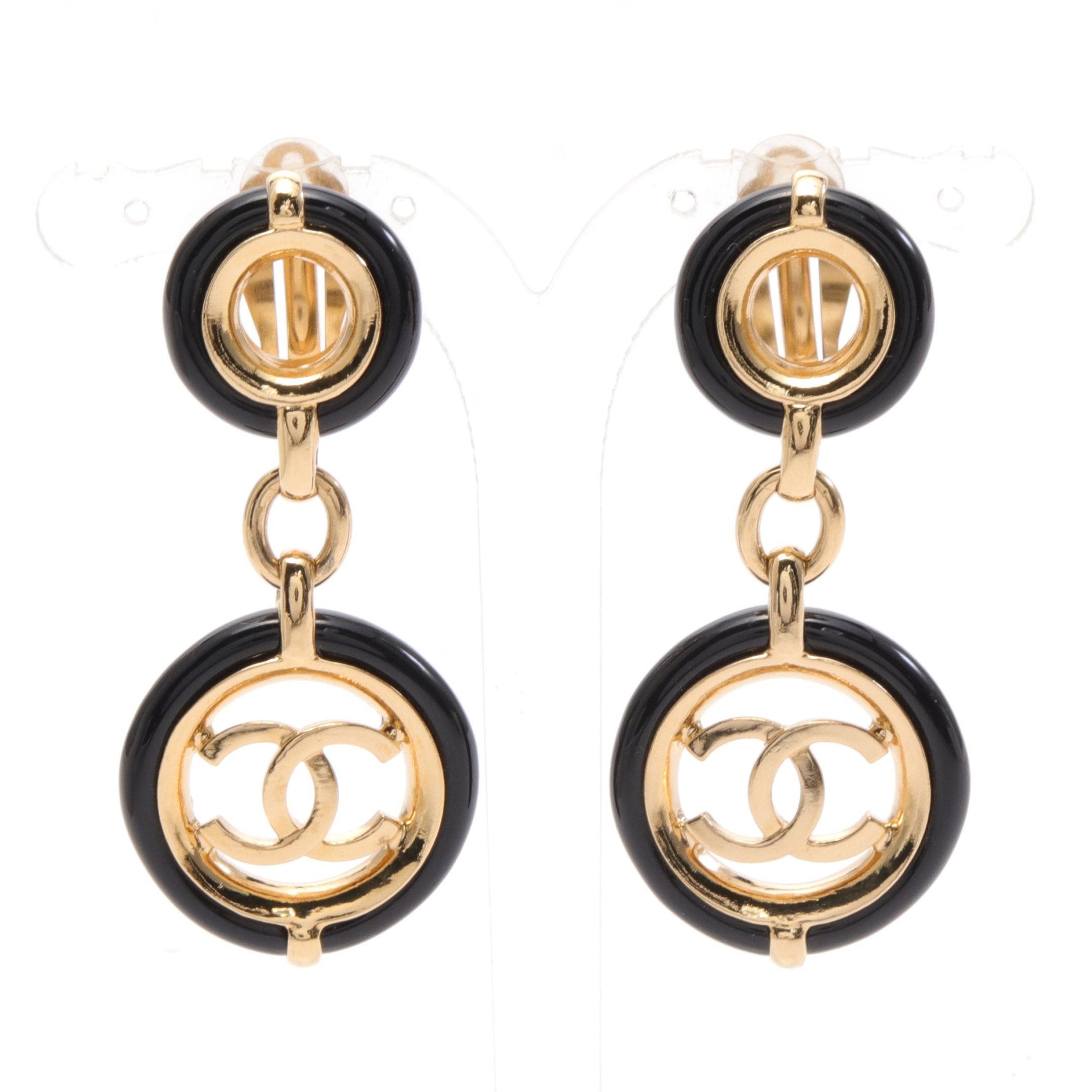 Chanel Coco Mark Earrings Gp Gold Black A19P