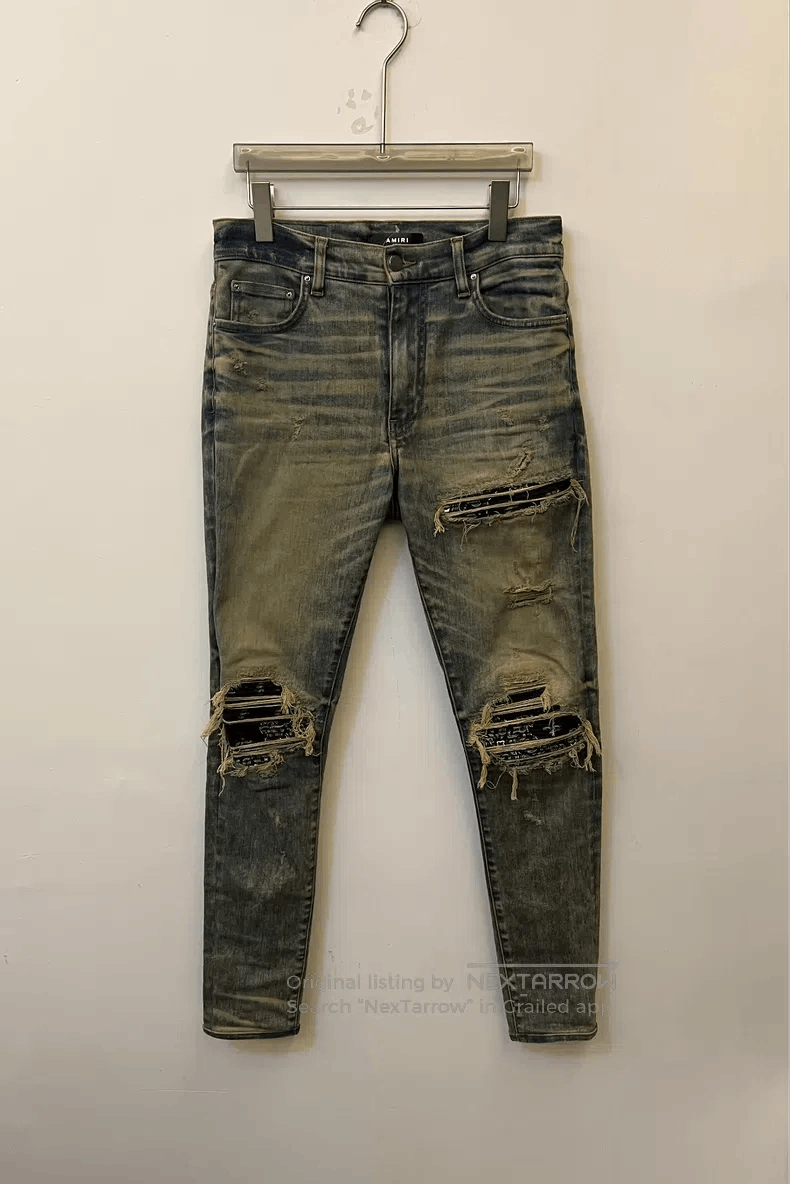 Amiri Amiri Distressed knife-cut cashew flower denim pants, blue Size US 32 / EU 48 - 1 Thumbnail