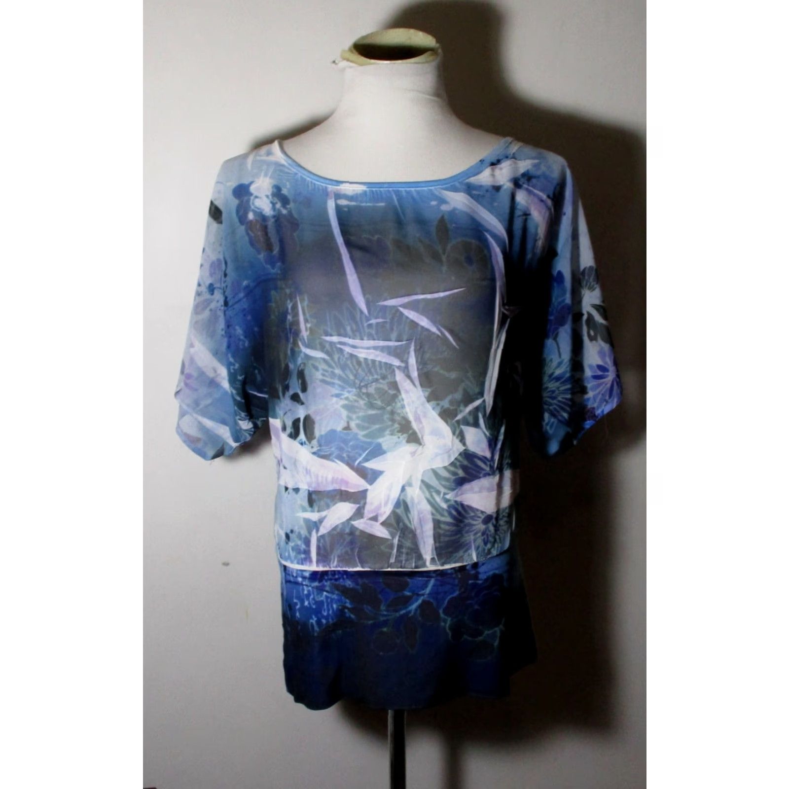 Vintage FLEURISH Blouse Shirt Blue L Womens Short Sleeve Sheer Vintage No NWOT Fashion Geometric Pattern 100% Polyester Body Waist Casual Size L / US 10 / IT 46 - 2 Thumbnail