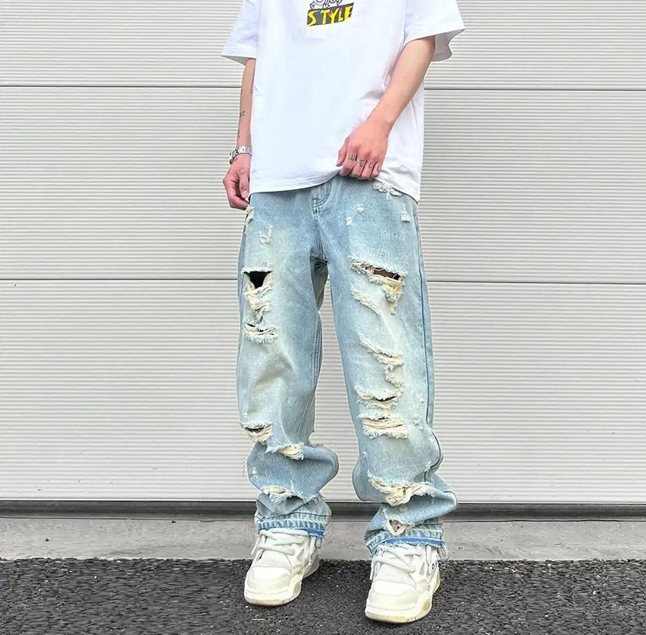 image of Vintage Washed Blue Oversized Torn Jeans in Sky Blue, Men's (Size 36)