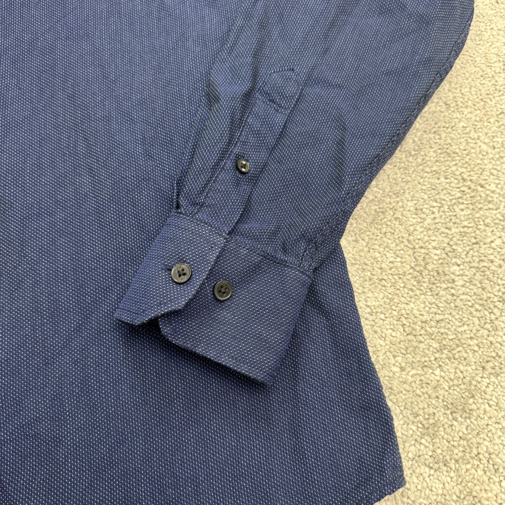 Selected Homme Selected Homme Slim Fit Dress Shirt Men M 15.5 Navy Blue Micro Dot Textured Blue Polka Dot Dress Shirt Mens Slim Casual Formal Workwear 90s? Size 40R - 5 Thumbnail