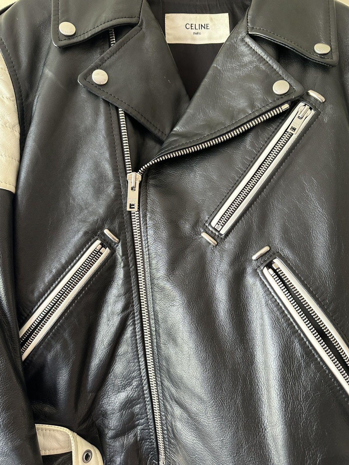 Celine × Hedi Slimane Biker Motorcycle Jacket Two Tone Leather FW19 Size US M / EU 48-50 / 2 - 5 Thumbnail