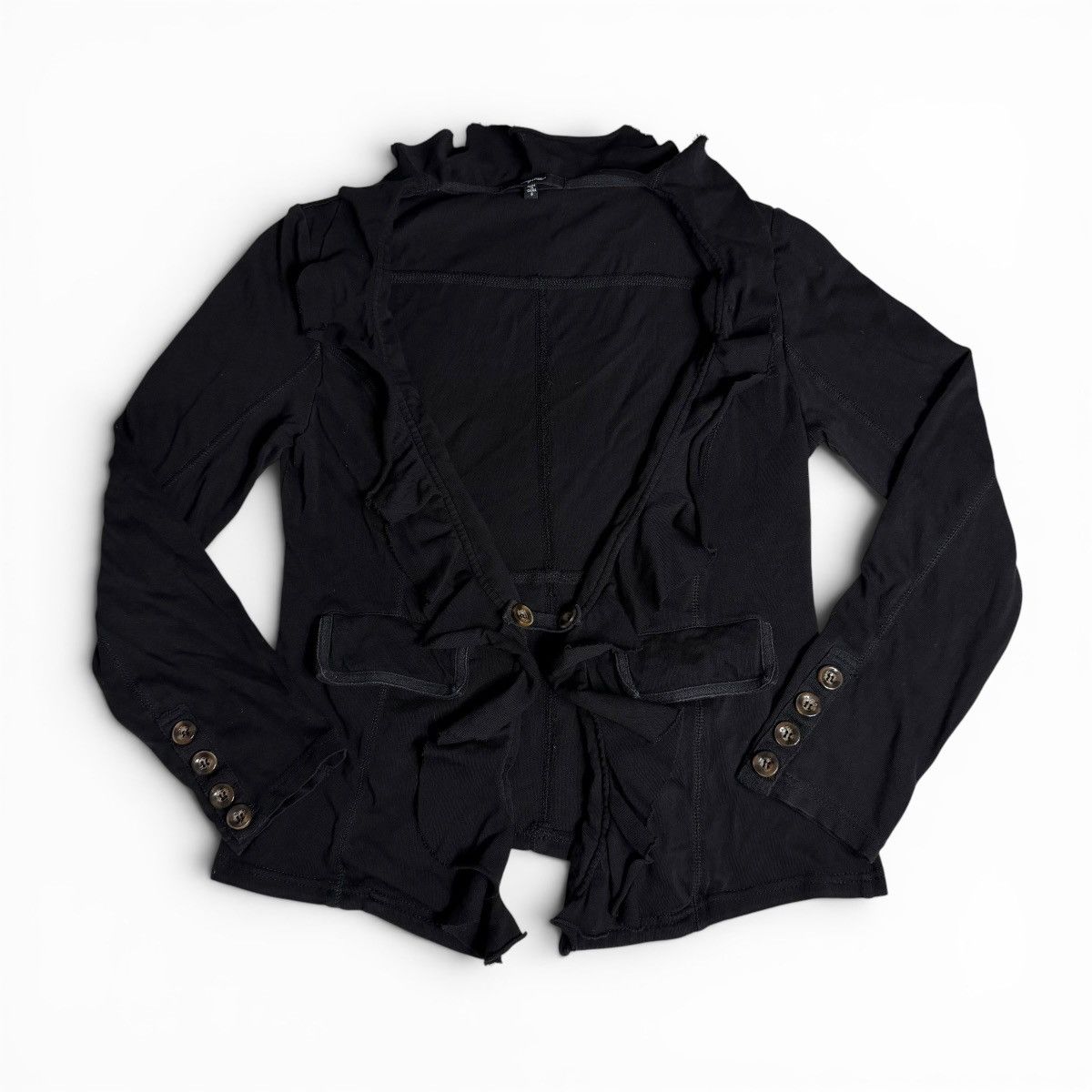 Other Mystree Black Ruffle Open Front Button Cardigan w/ Pockets Size S / US 4 / IT 40 - 1 Thumbnail