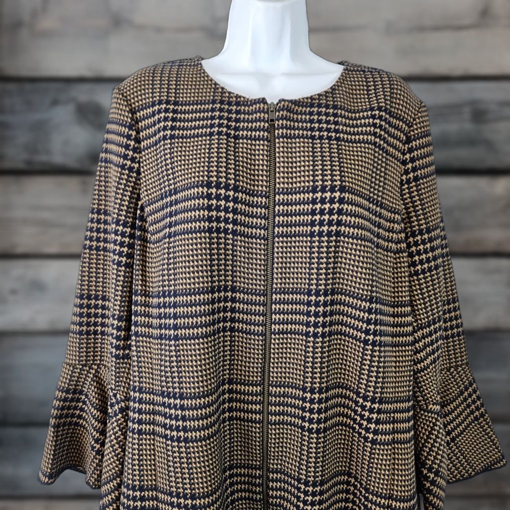 Vintage Cabi Jacket Womens Flounce Full Zip 3/4 Sleeve Sz Large Blue Brown Long Polyester Blend Jacket/Coat Size L / US 10 / IT 46 - 1 Thumbnail