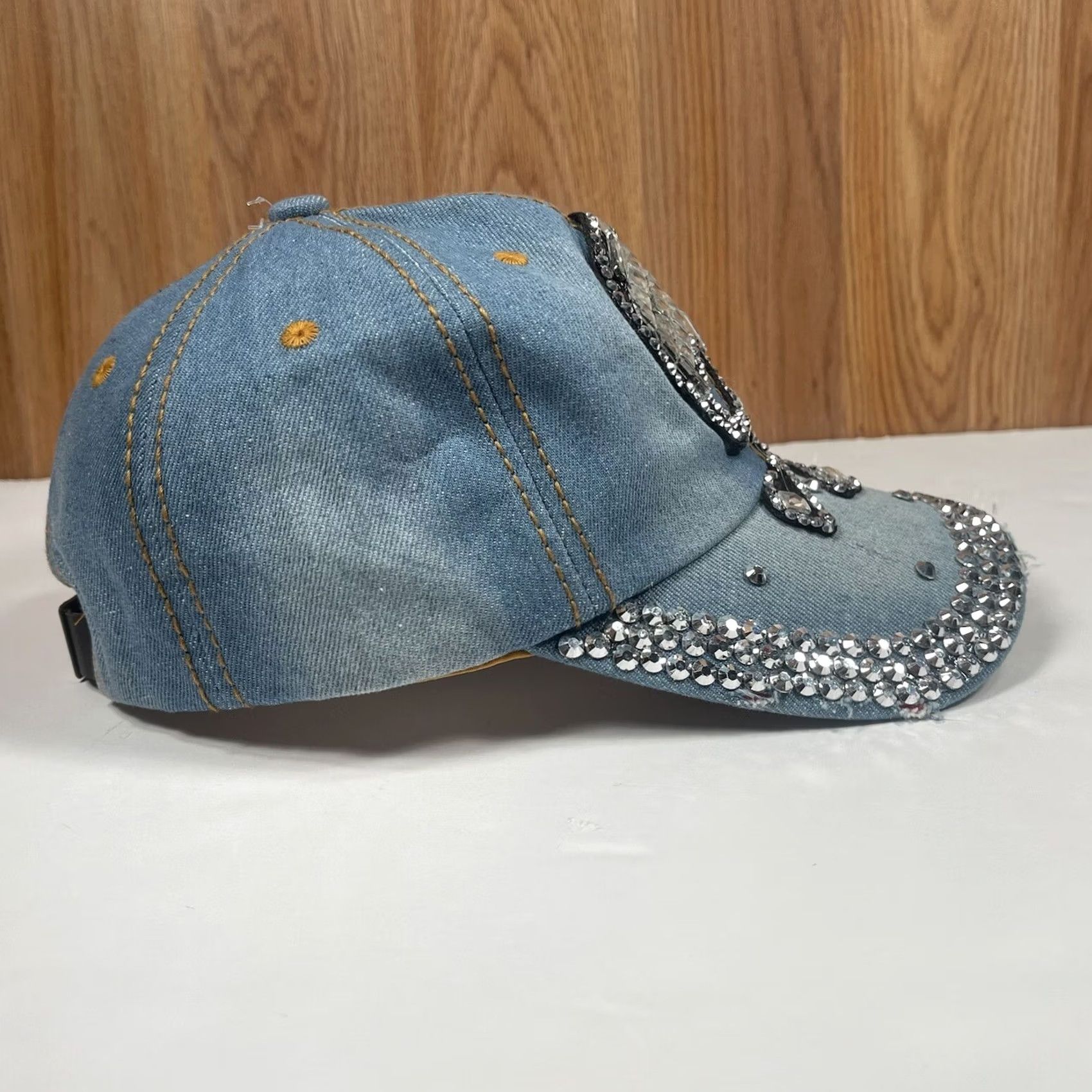Denime CSI Denim Leather Adjustable StrapBack Hat Cap Woman Rhinestone Skull Blue Shirt? Size ONE SIZE - 6 Thumbnail