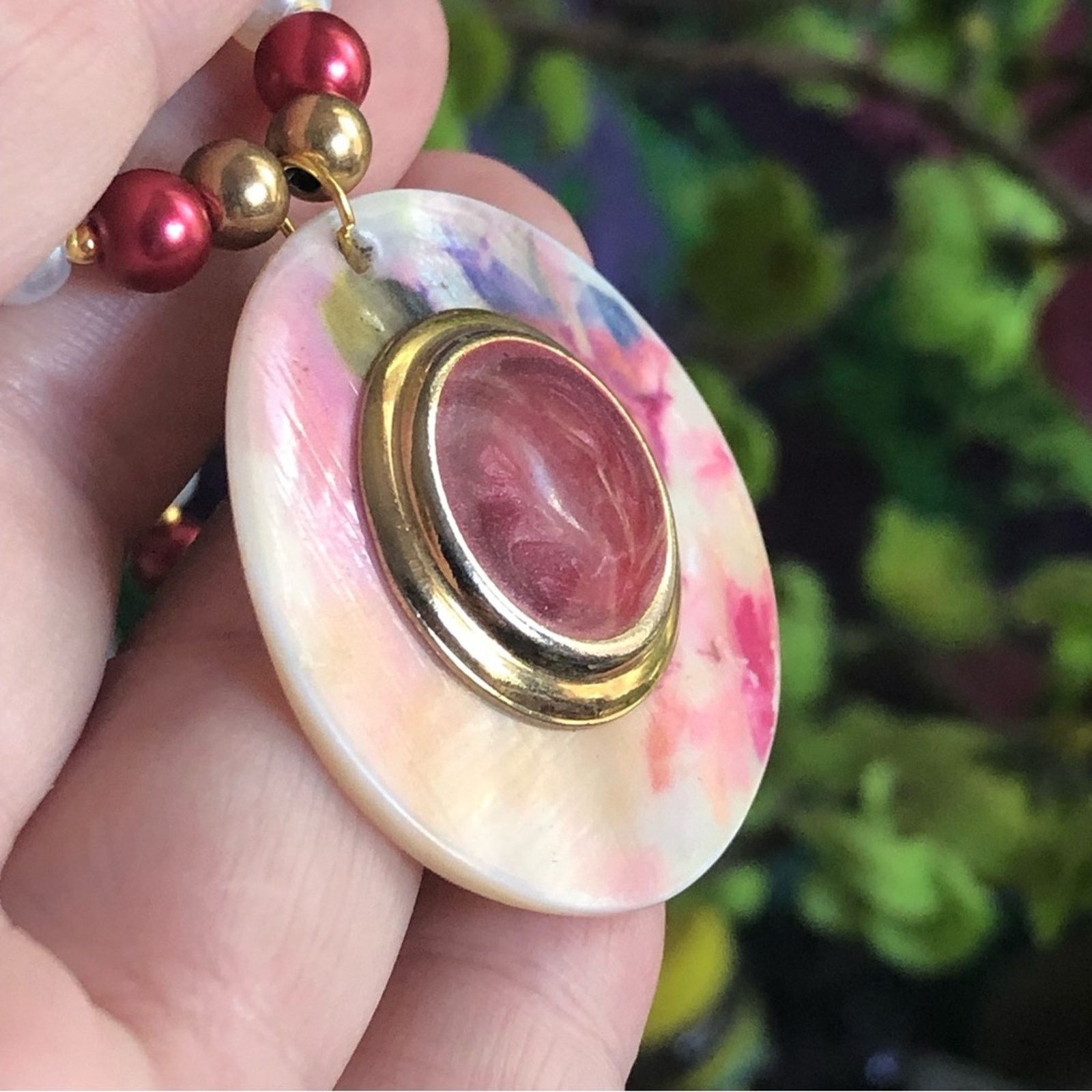 Handmade Handcrafted repurpose painted shell medallion Pearl necklace Size ONE SIZE - 9 Thumbnail
