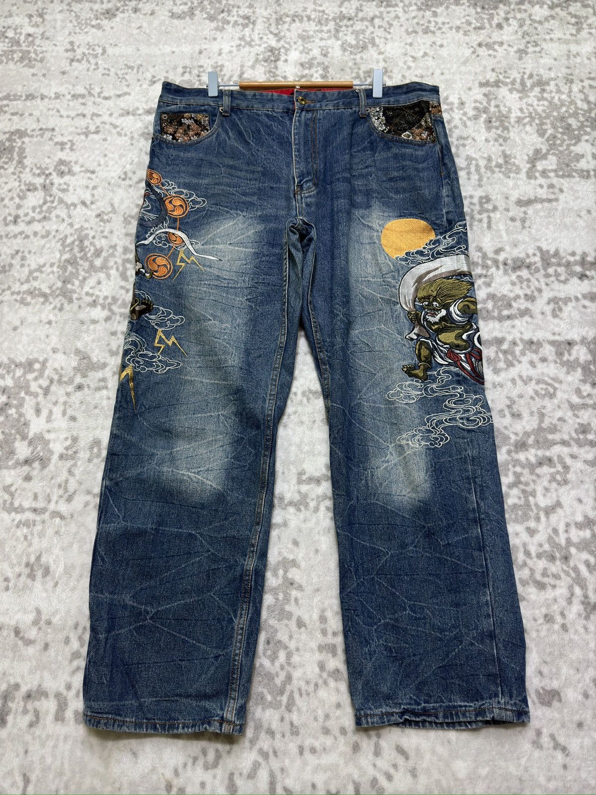 Japanese Brand Fugutaiten Y2K Japanese Embroidered Denim Fujin Raijin Size US 38 / EU 54 - 1 Thumbnail