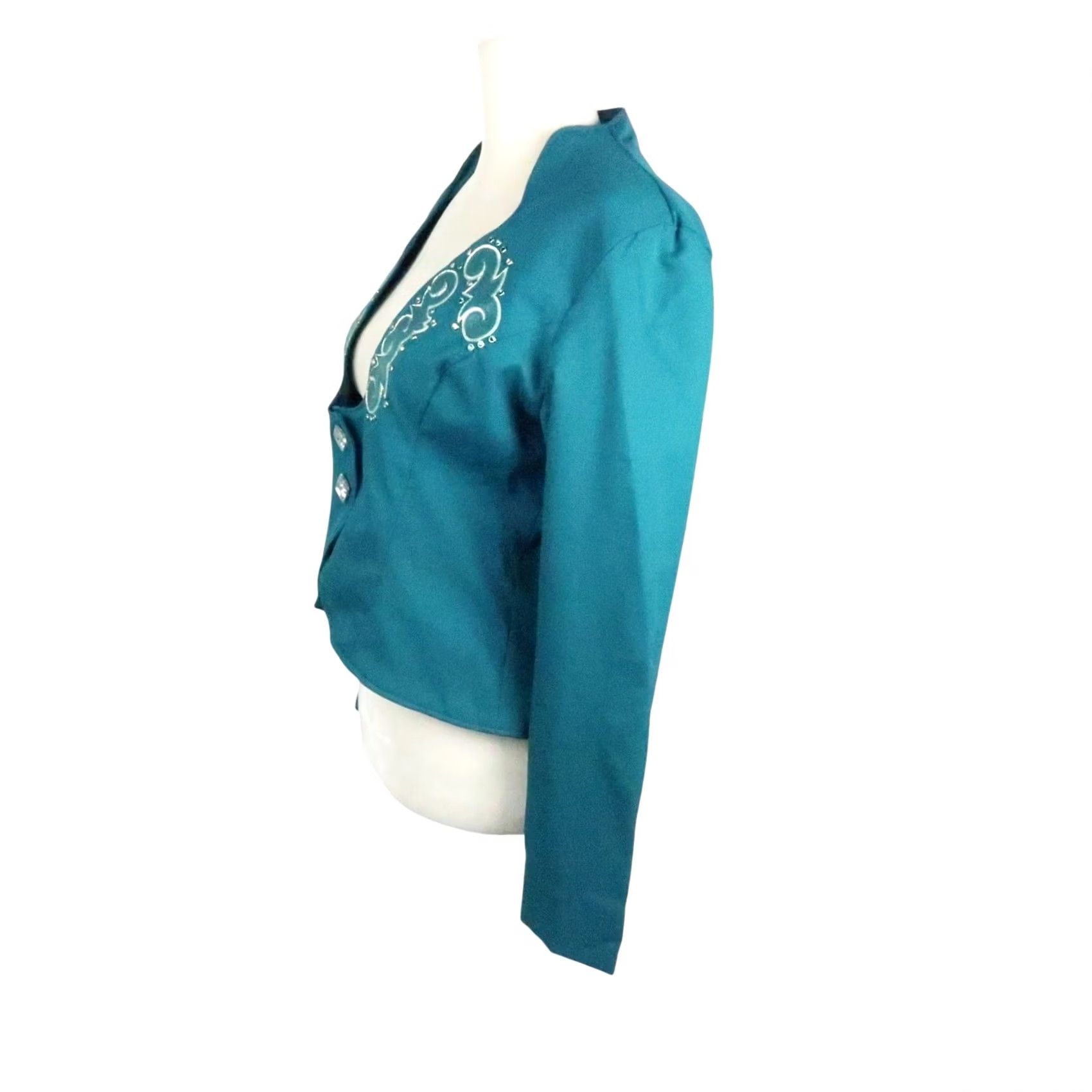 Altea VINTAGE 80s Teal Green Rhinestone Western Patch Rodeo Jacket S Women's Long Sleeve Polyester Jacket rhinestone western patch rodeo jacket Size S / US 4 / IT 40 - 3 Thumbnail