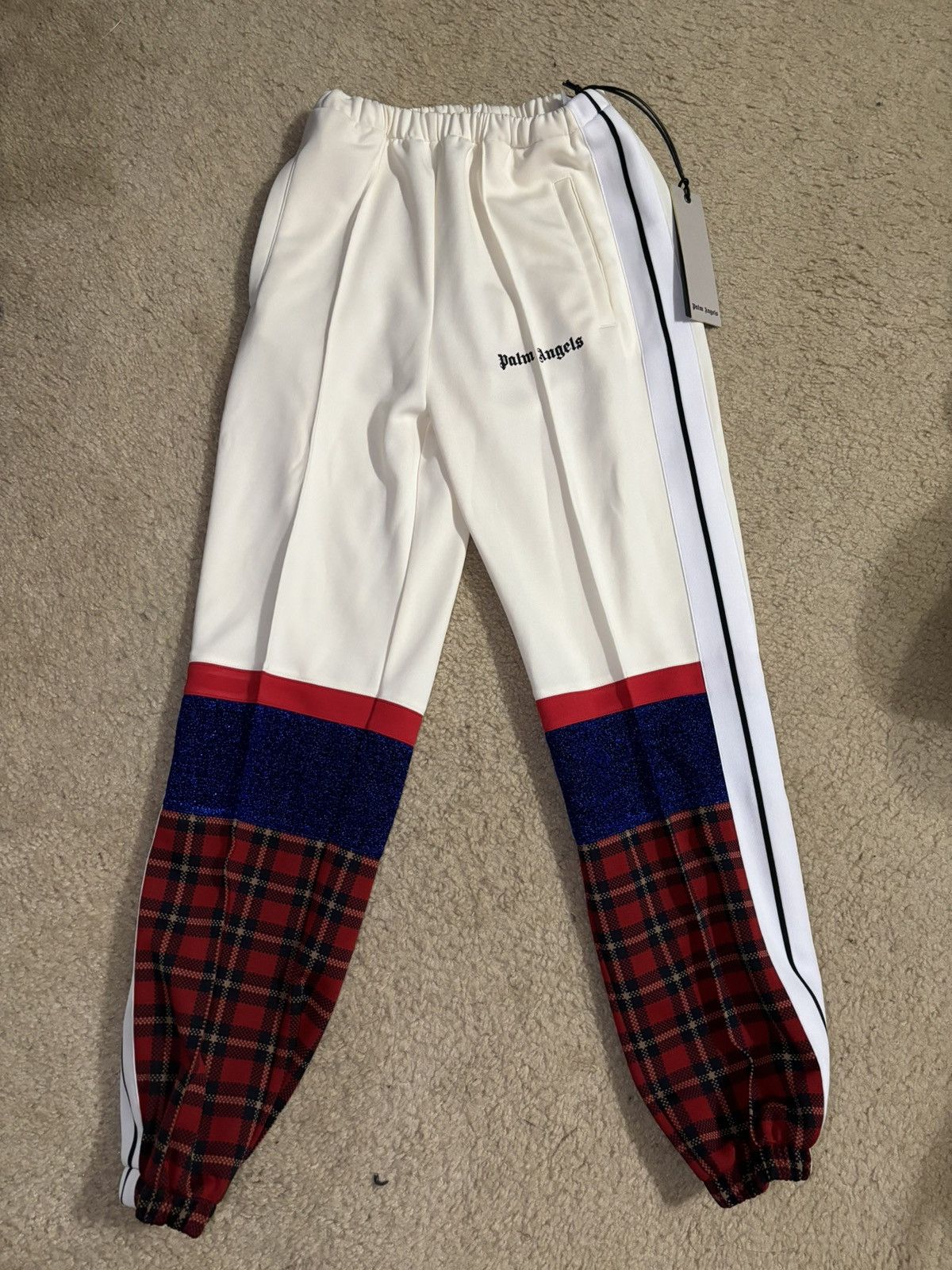 image of Palm Angels Logo-Print Color Block Track Pants in White, Women's (Size 24)