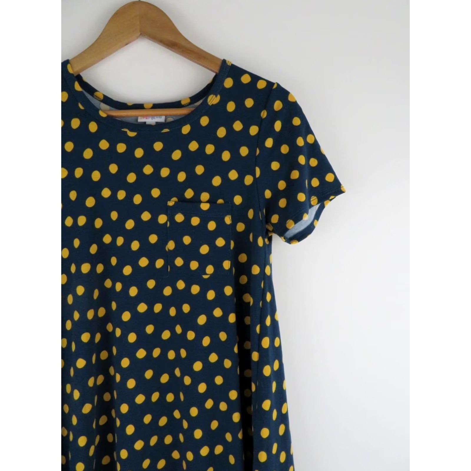 Vintage VINTAGE? No LuLaRoe Carly Polka Dot Dress 2XS Blue Yellow High Low Stretch EUC Size XXS / US 00 / IT 34 - 2 Thumbnail