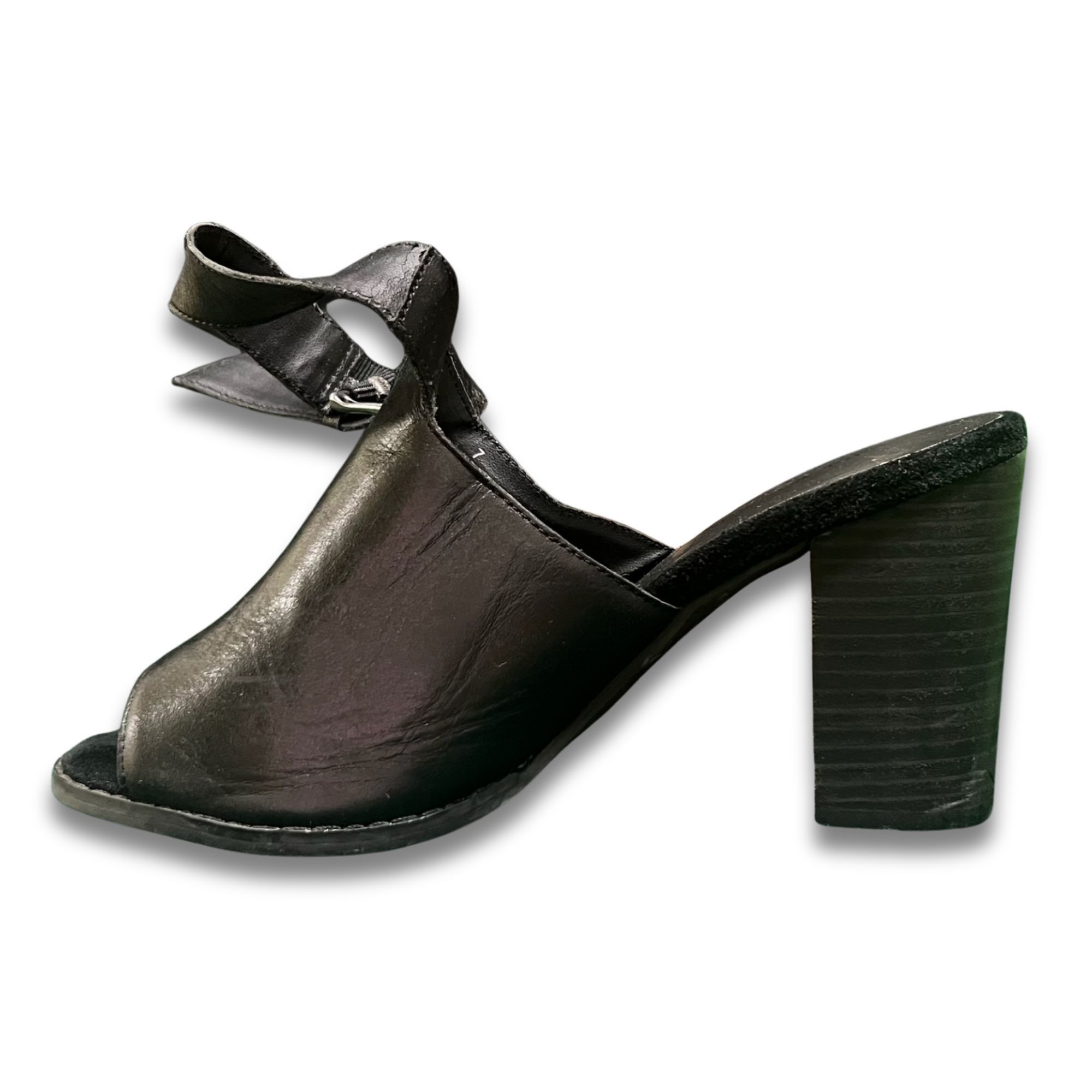 Other Black Leather Open-Toe Heeled Sandals Size 7 With Buckle Str Size US 7 / IT 37 - 9 Thumbnail