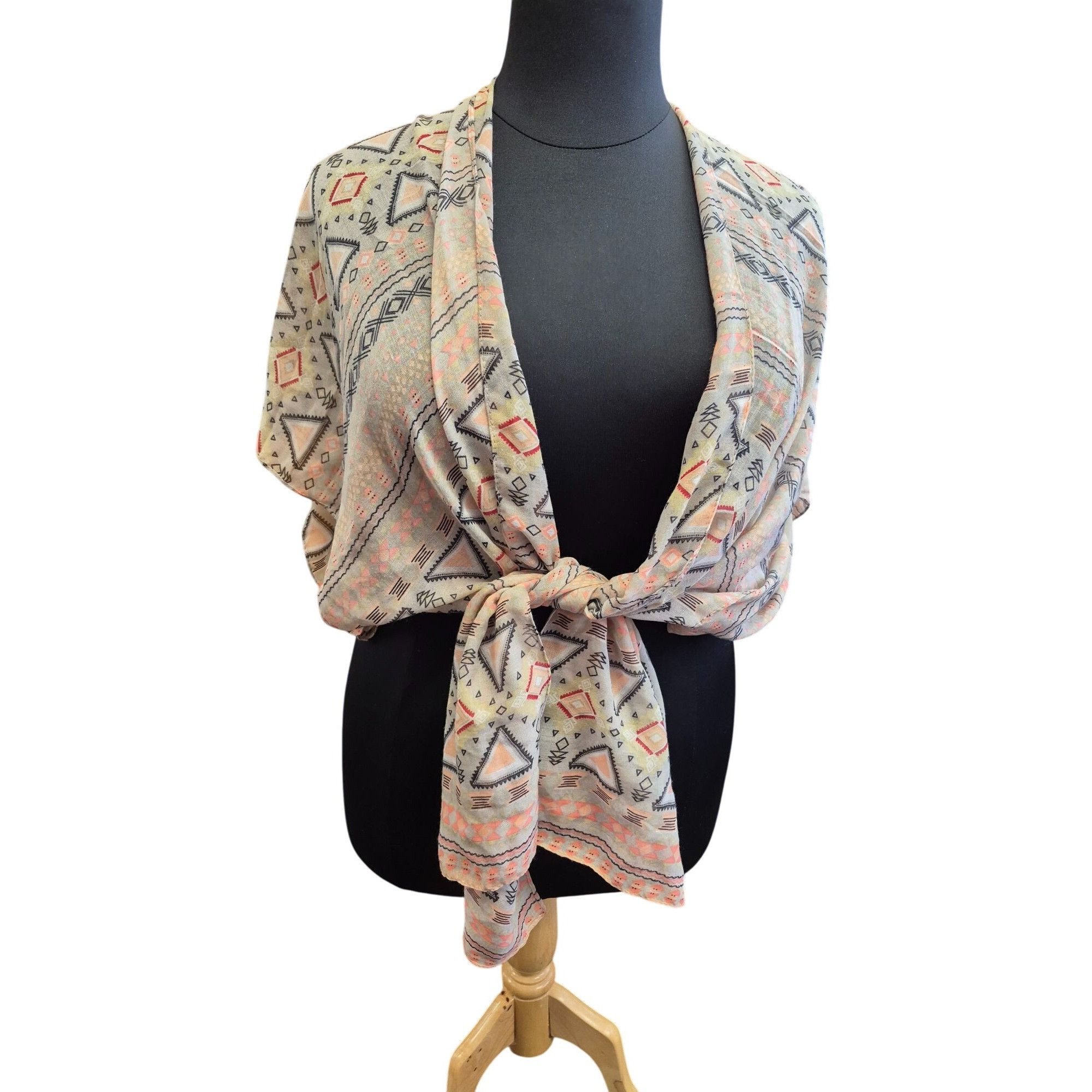 Other Bohemian Tribal Print Kimono Wrap Scarf Shawl Peach, Brown, Size ONE SIZE - 7 Thumbnail