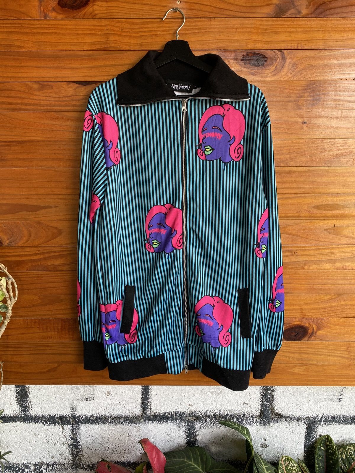 Japanese Brand After Venom Graphic Zip Jacket – Pop Art Face Print Striped Size L / US 10 / IT 46 - 3 Thumbnail