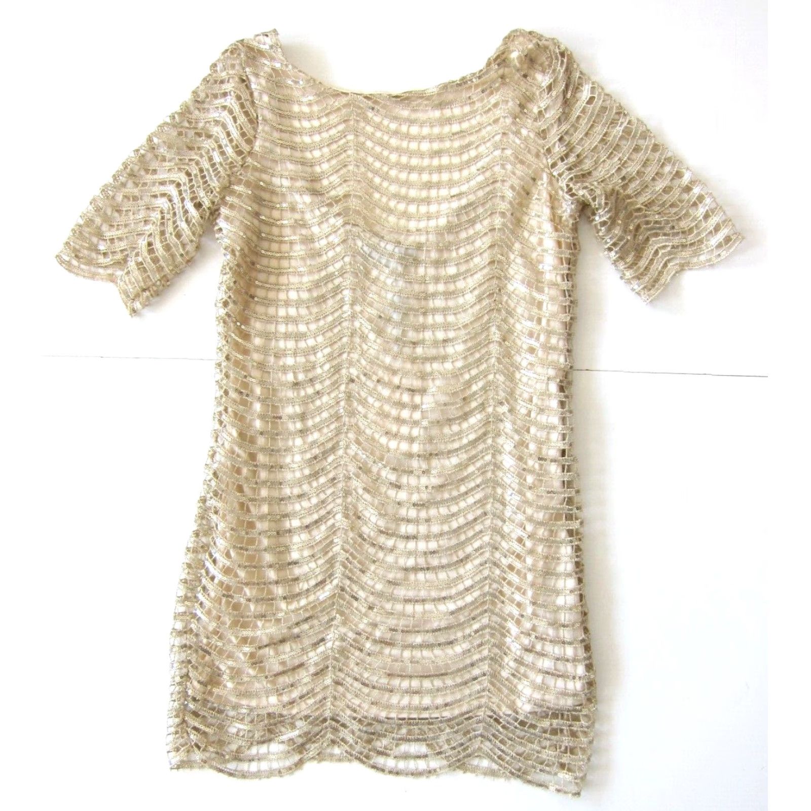 Vintage NWT Haoduoyi Gold Sequin Beaded Short Sleeve Open Back Tunic Dress Small Dress Size 28" / US 6 / IT 42 - 2 Thumbnail