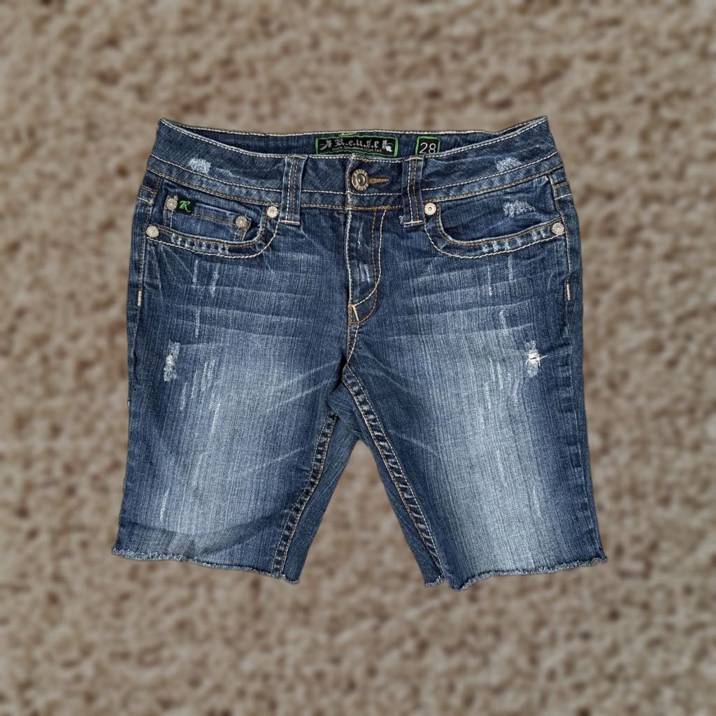 Denime R.E.U.S.E Denim Shorts Womens 28 Blue Cutoff Raw Hem Embroidered Distressed Cross Back Pockets Size 28" / US 6 / IT 42 - 1 Thumbnail