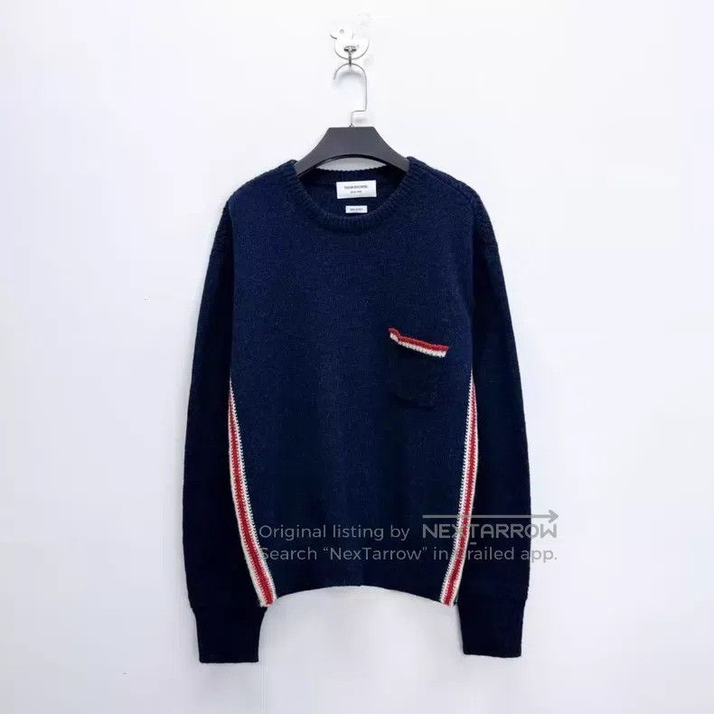 Thom Browne Thom Browne Navy blue knitted sweater with pocket edge str Size US XL / EU 56 / 4 - 1 Thumbnail