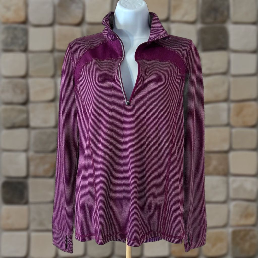 Vintage XERSION Slim Fit Long Sleeve Pullover Top Women Small Purple Striped 1/4 Zip Pullover Mock Neck Lightweight Casual Activewear Season: All Size S / US 4 / IT 40 - 1 Thumbnail