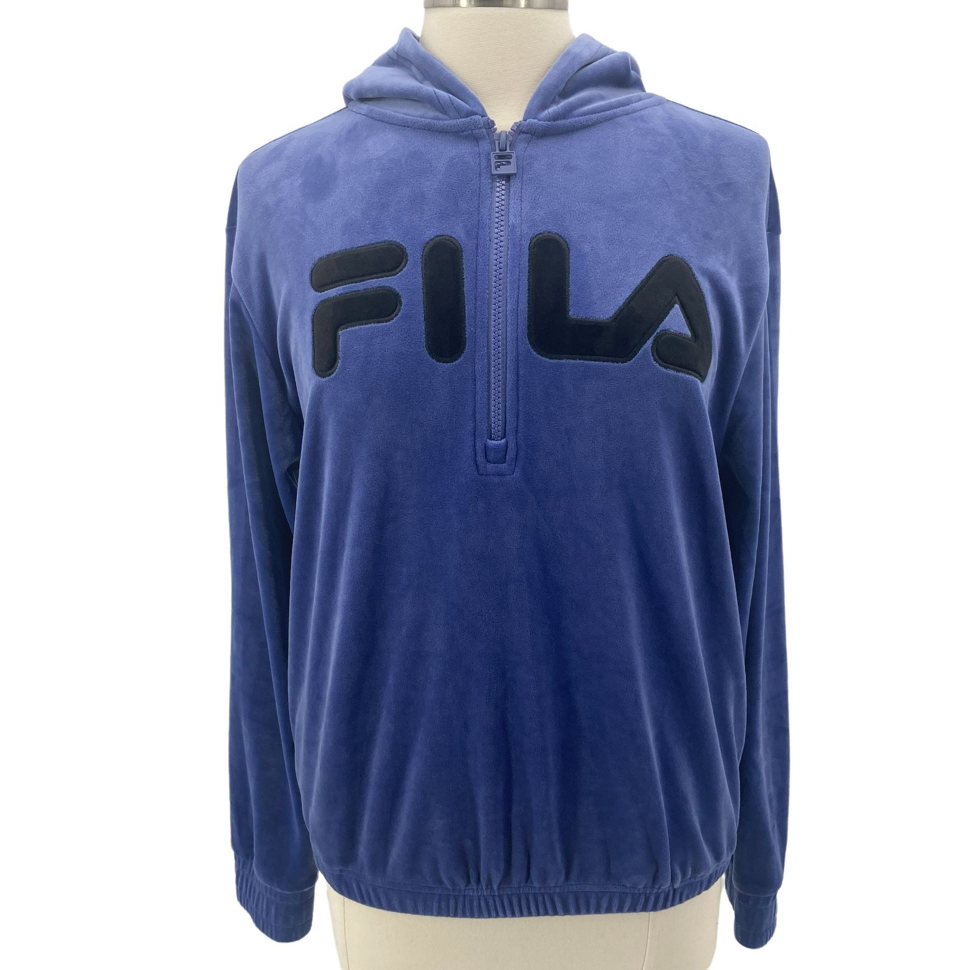 Fila FILA Womens Medium Hoodie Velour 1/4 Zip Blue Logo Hoodie Size M / US 6-8 / IT 42-44 - 1 Thumbnail