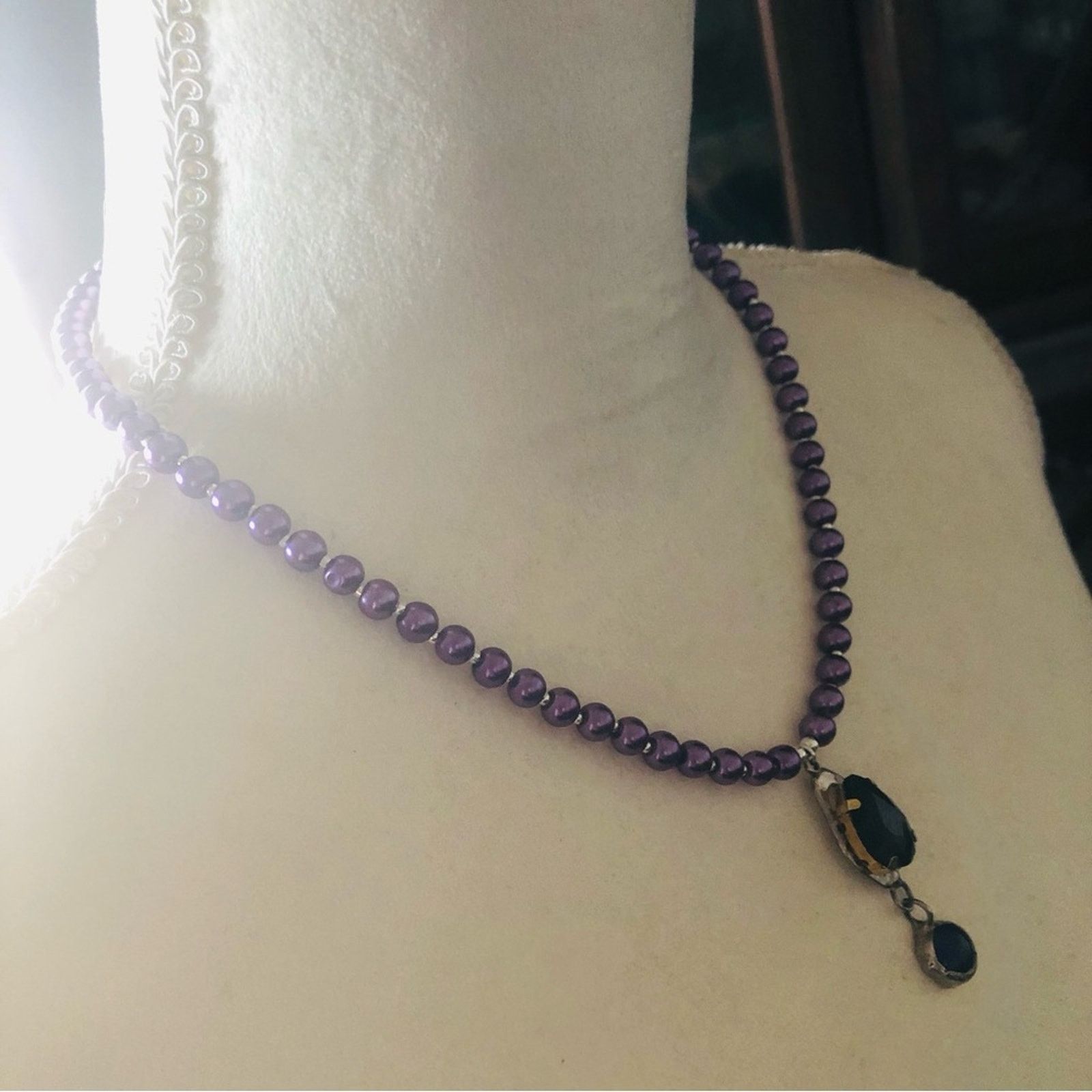 Handmade Handcrafted repurpose faceted stone pendant Pearl necklace Size ONE SIZE - 3 Thumbnail