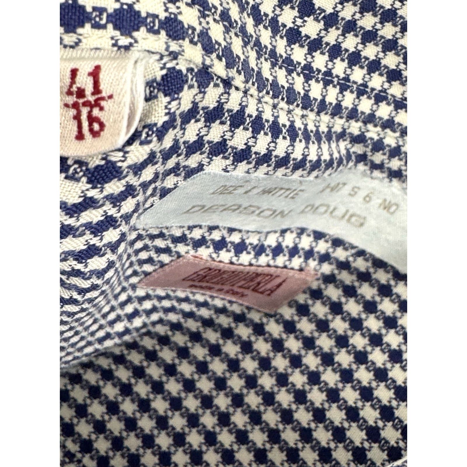Vintage GRIGIO PERLA Italy - Mens Button-Up Shirt - Long Sleeve - 16 41 - Blue / White - Geometric - EXCELLENT Size US L / EU 52-54 / 3 - 5 Thumbnail