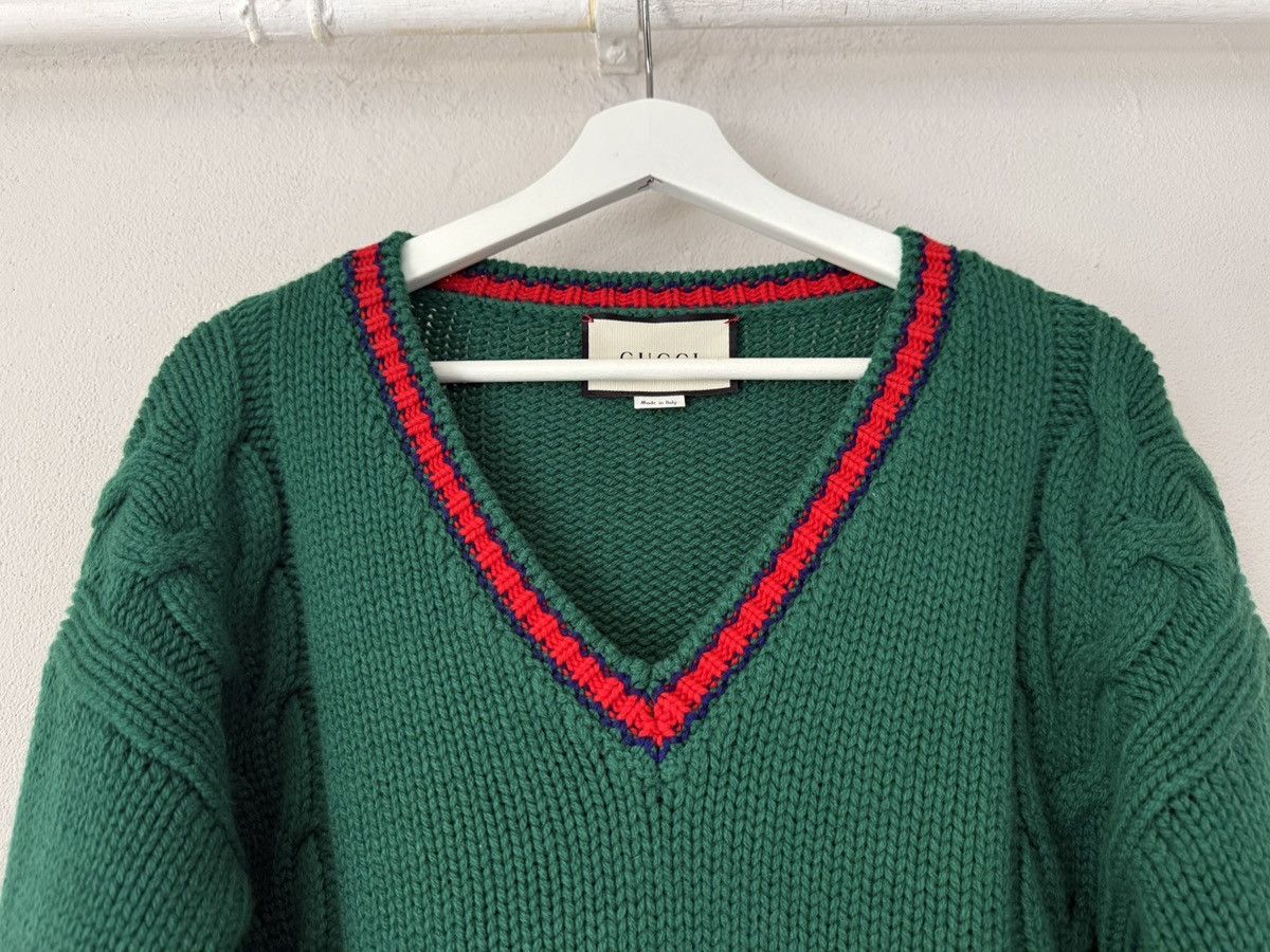 Gucci Green Cable Knit V-Neck Sweater with Stripe Trim Size US S / EU 44-46 / 1 - 3 Thumbnail