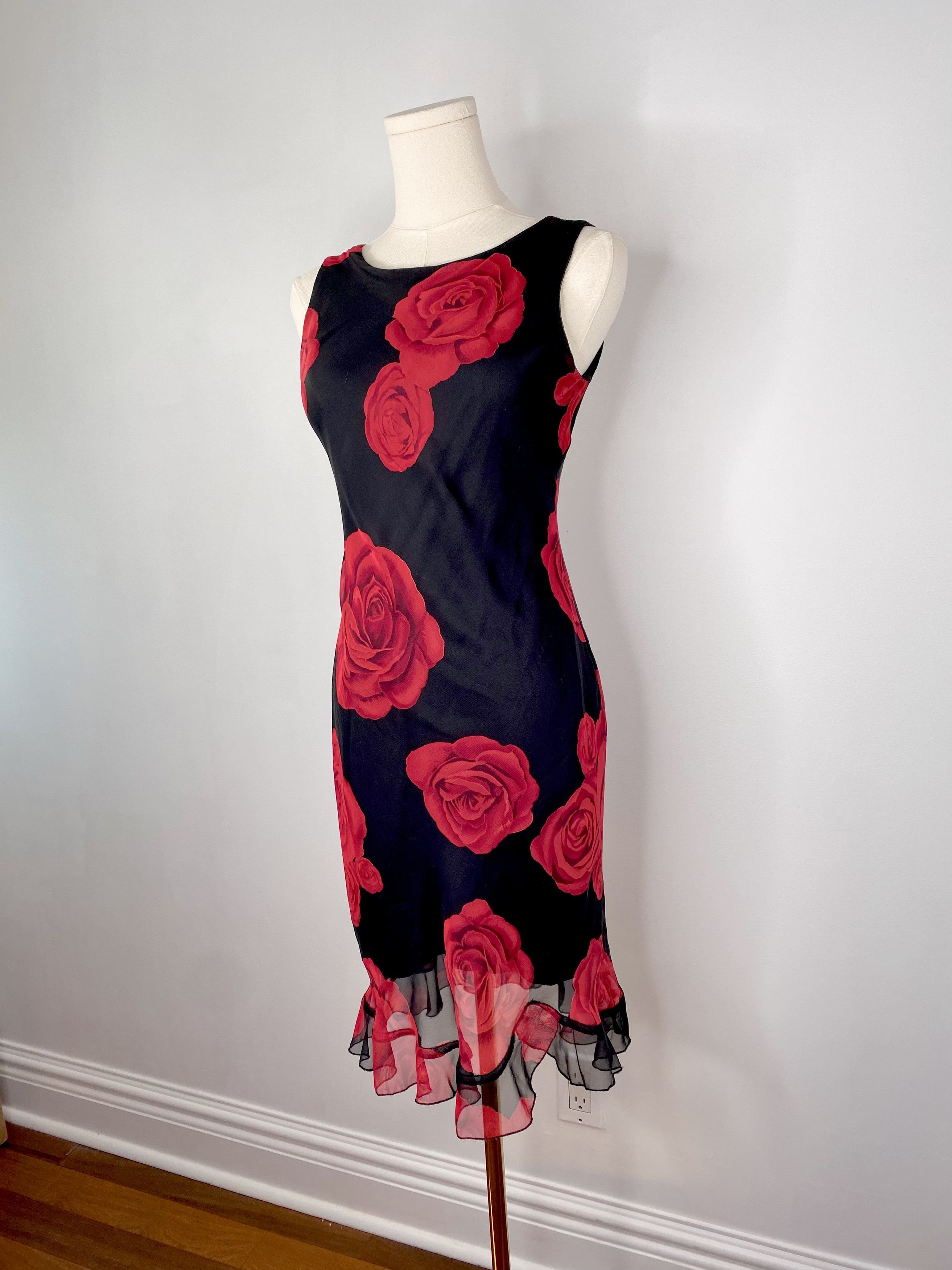 Dolls Kill Jessica - 90s Red Rose Print Black Mini Dress Size ONE SIZE - 3 Thumbnail