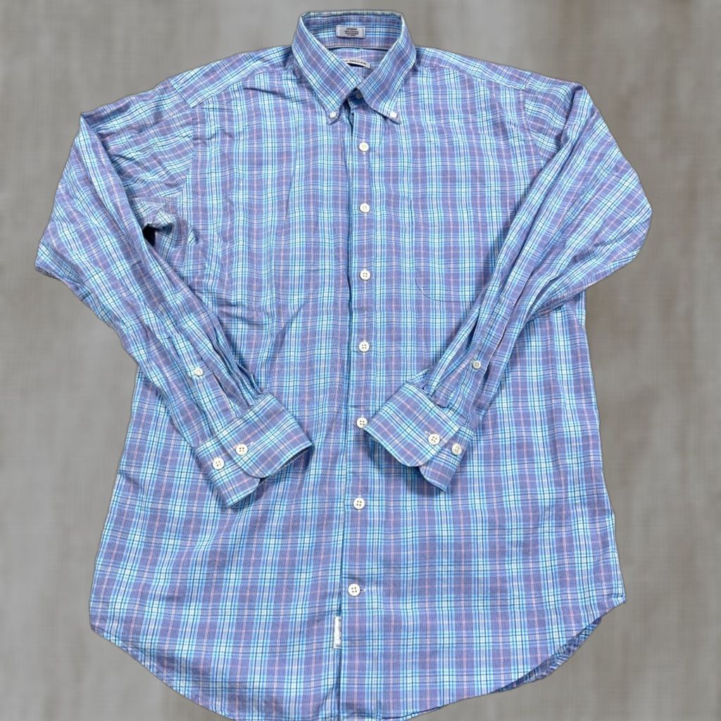 Peter Millar Peter Millar Shirt Men Medium Purple Blue Plaid Button Up Dress Poplin Cotton Shirt Men Size 40R - 1 Thumbnail