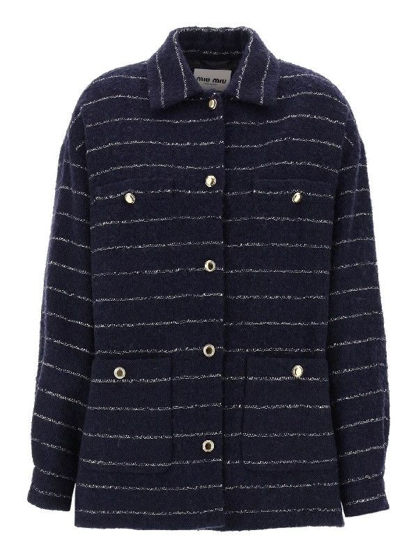 Miu Miu Miu Miu Striped Wool-Blend Bouclé Jacket in Blue Size XS / US 0-2 / IT 36-38 - 10 Thumbnail