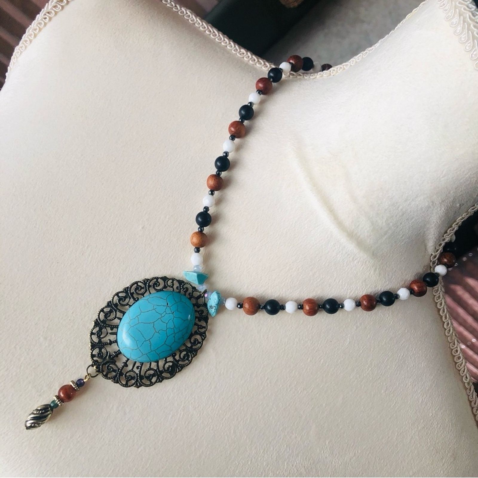 Handmade Handcrafted large howlite filigree pendant beaded necklace Size ONE SIZE - 1 Thumbnail