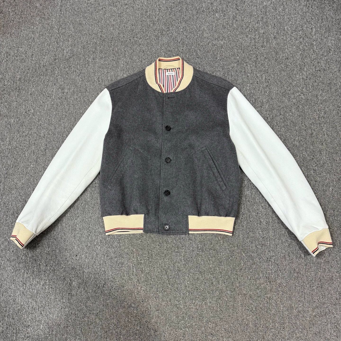 Thom Browne TB Gray/White Leather-Sleeve Colorblock Jacket 1 99N Size US S / EU 44-46 / 1 - 1 Thumbnail