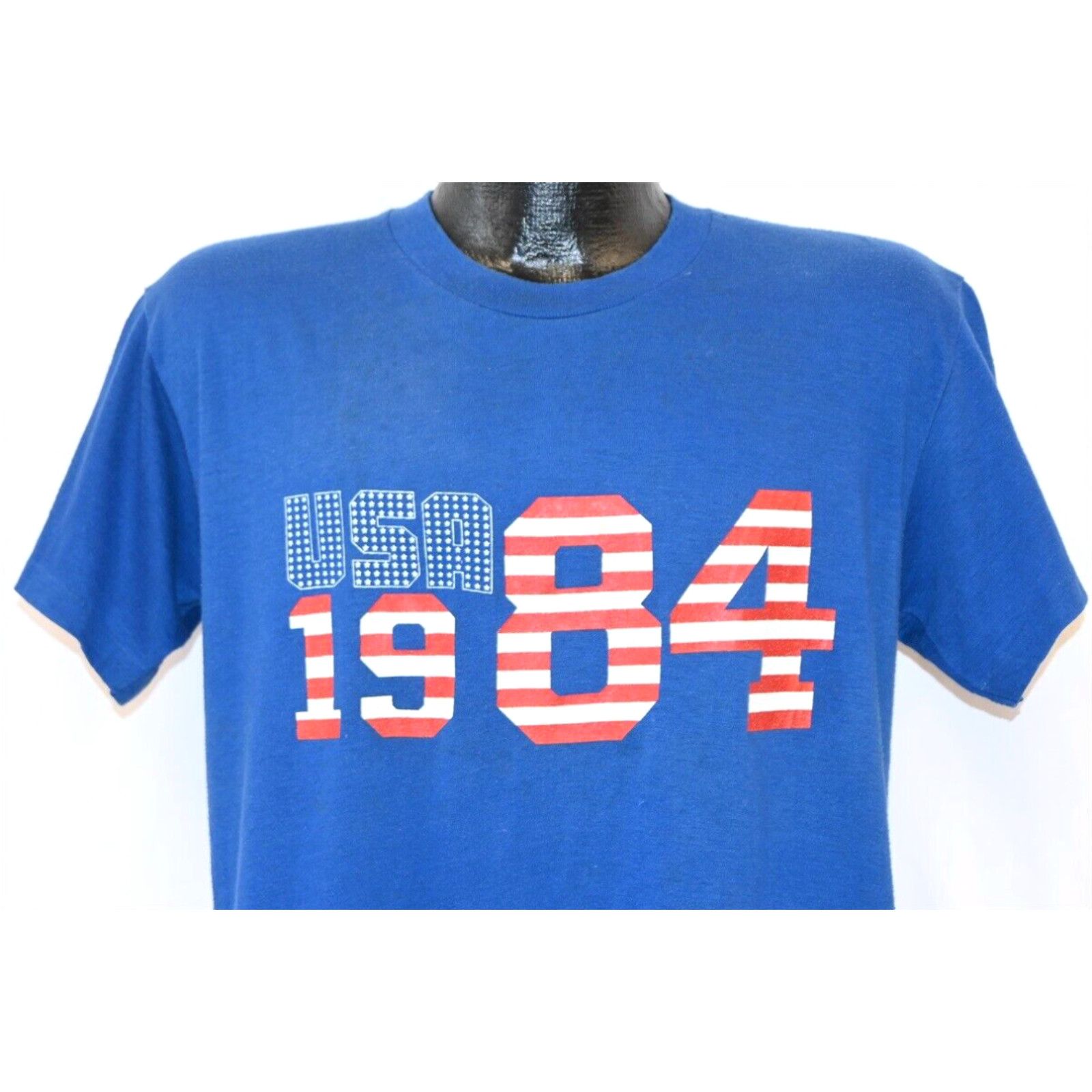 image of Vintage 80's Nike Swoosh Logo Usa 1984 Stars & Stripes Blue Soft T-Shirt Large L in White, Men's