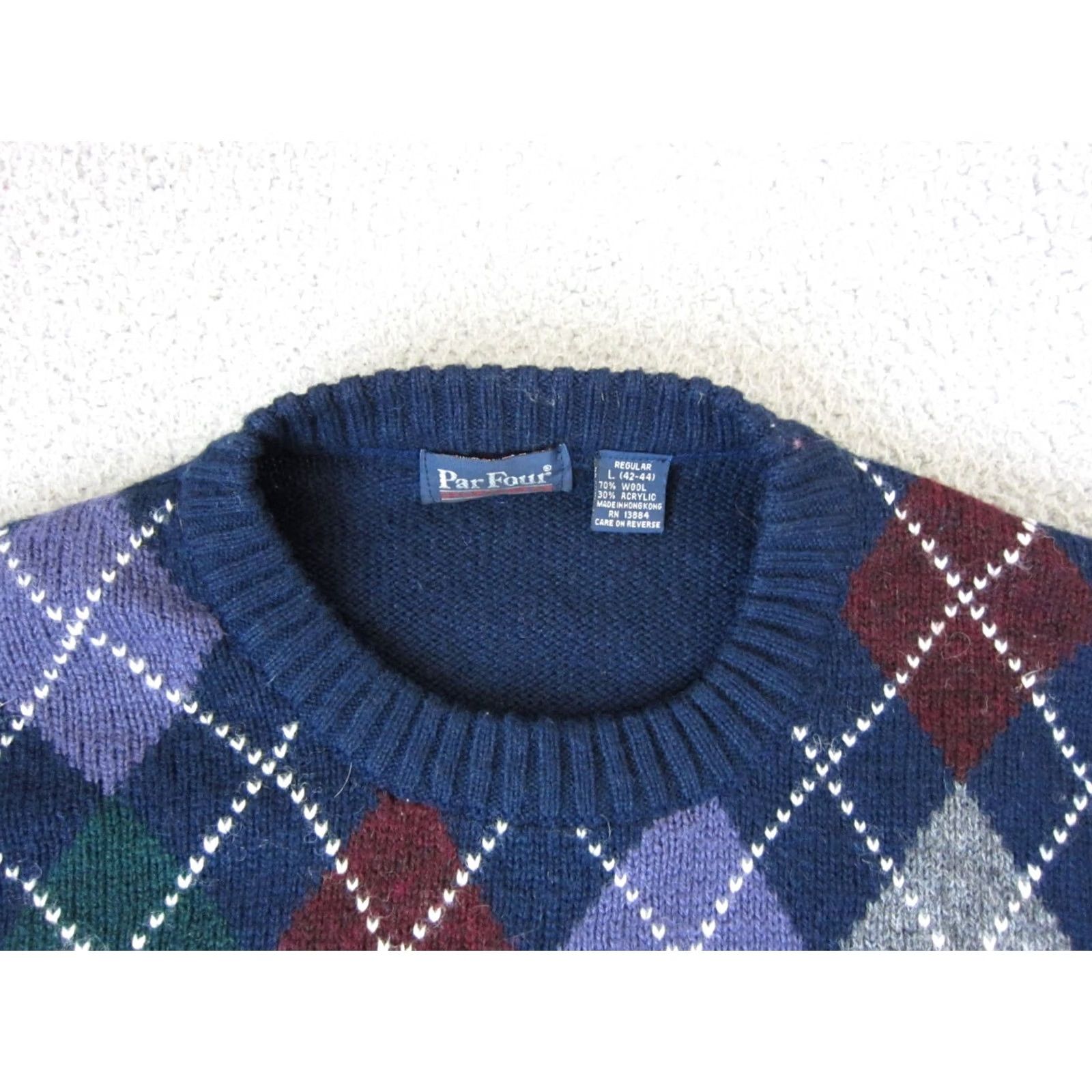 Vintage VINTAGE Par Four Sweater Mens Pullover Knit Crew Neck Wool 80s Blue Green Purple Argyle Large Mens Size US L / EU 52-54 / 3 - 2 Thumbnail