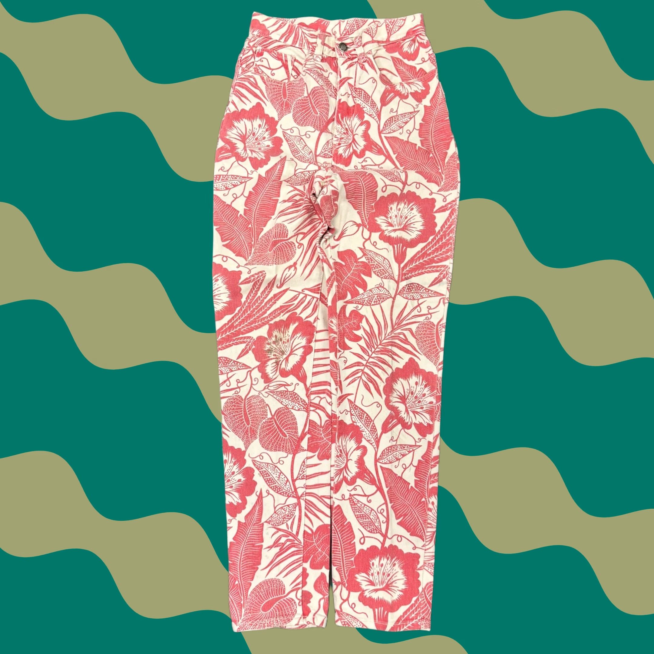 Vintage VINTAGE 90s Floral Pink White Tropical High Waisted Straight Leg Pants Women 25 Regular Ankle Mens? Size 42" / US 20 - 1 Thumbnail