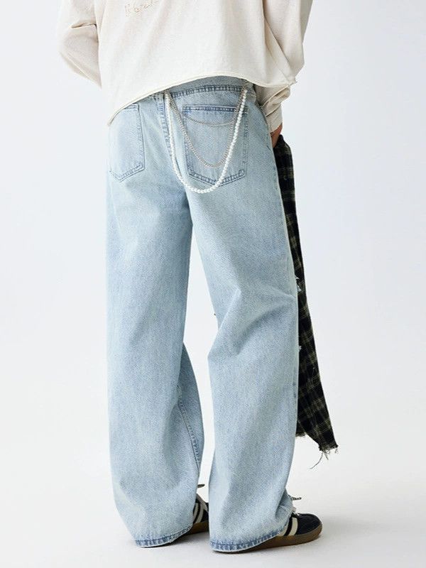 Jean Light blue washed men's ripped jeans loose straight jeans Size US 32 / EU 48 - 4 Thumbnail