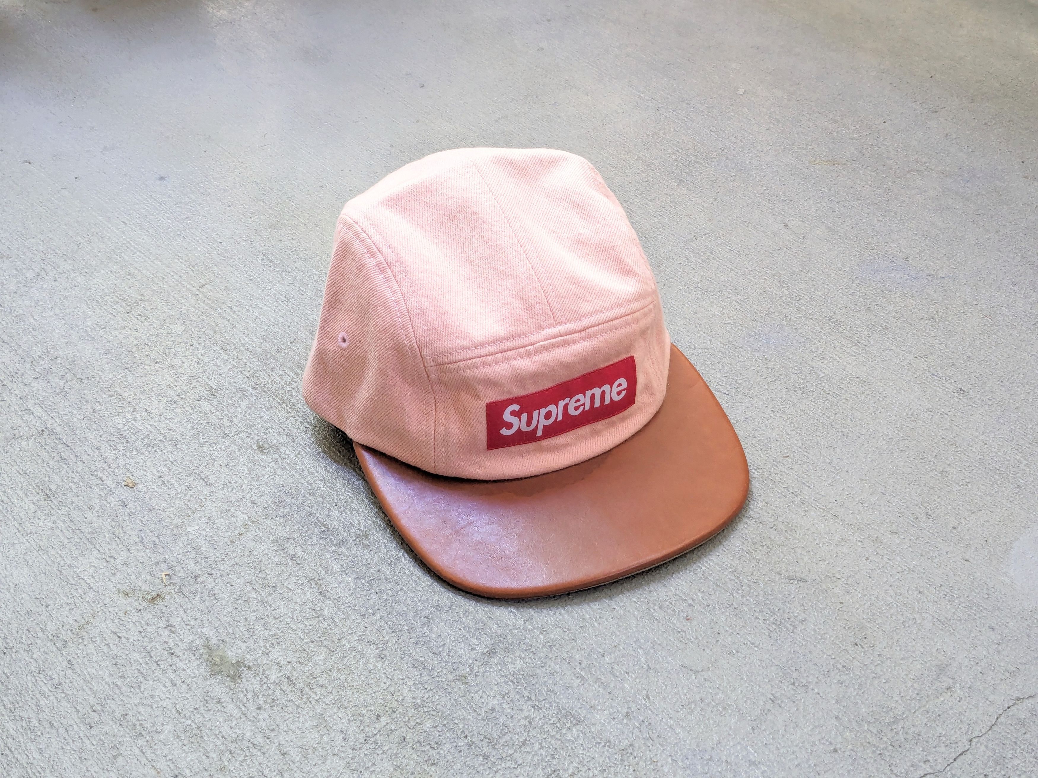 image of Supreme Denim Leather Visor Camp Cap Pink Brown Fw15 in Pink Red Brown, Men's
