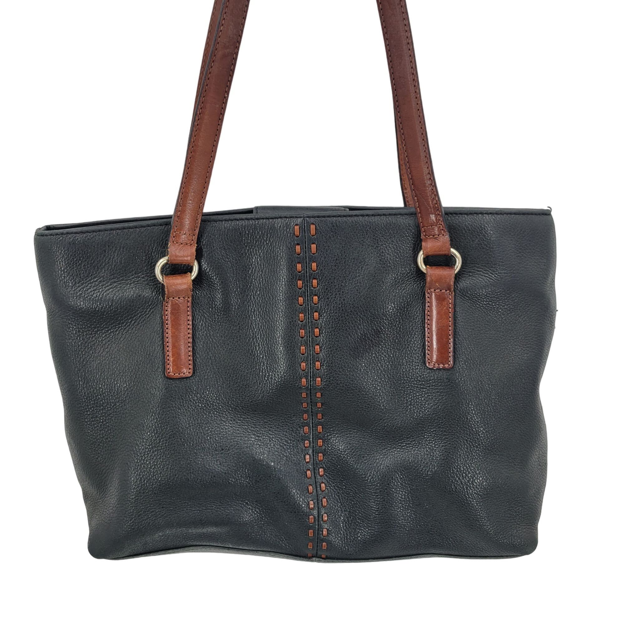 Fossil Fossil Black Genuine Leather Tote Bag Pebble Brown Embroider Size ONE SIZE - 4 Thumbnail