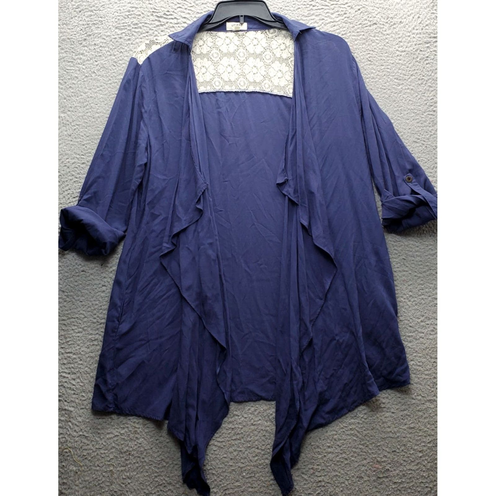 Vintage UMGEE Cardigan Women's L Navy Cotton Lace Back Roll Tab Sleeve Open Drape Front Size L / US 10 / IT 46 - 2 Thumbnail